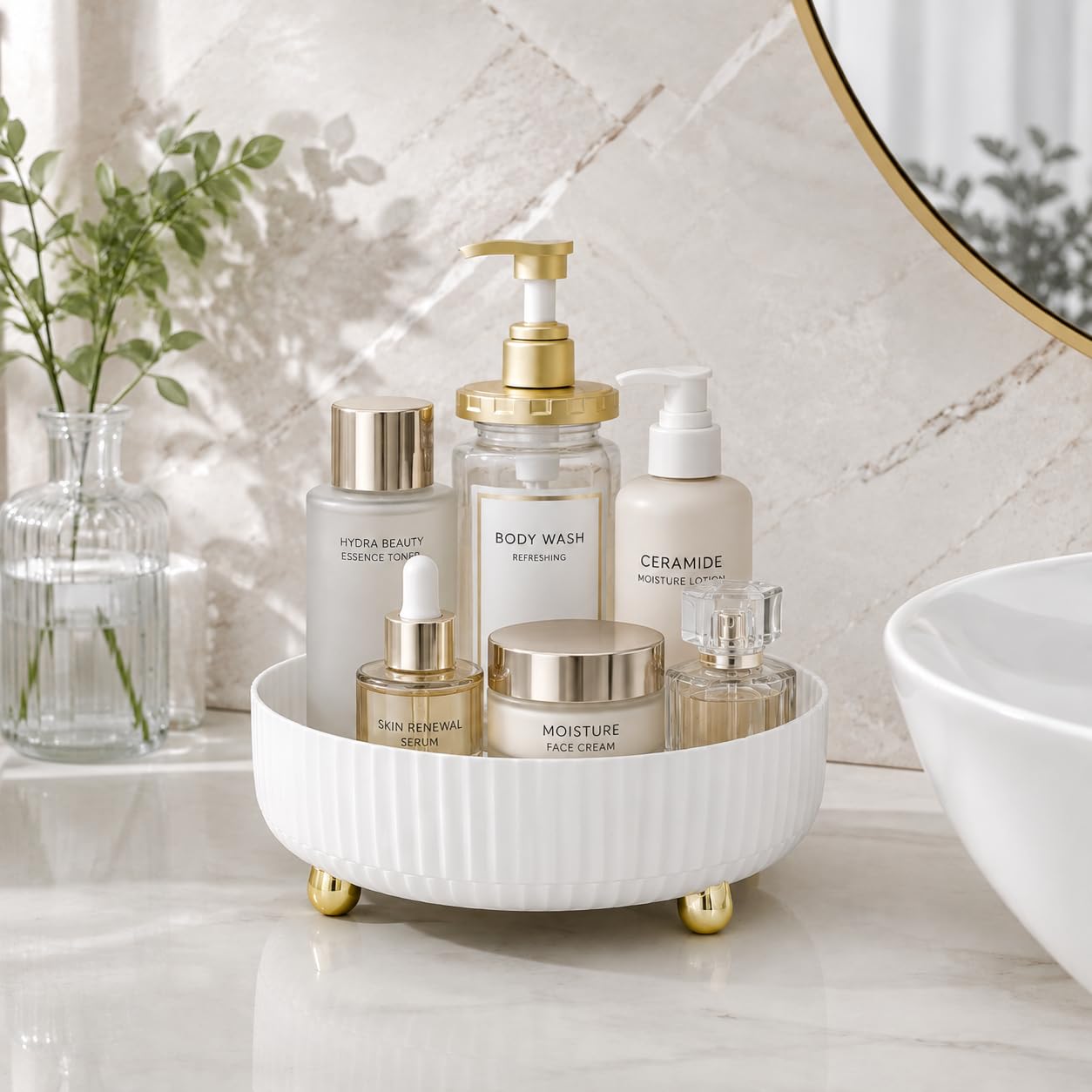 360 Rotating Makeup Perfume Organizer Skincare Tray, Small Ivory White