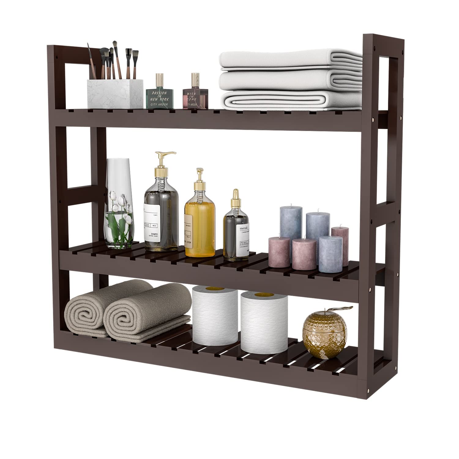 Domax Bamboo Bathroom Shelf 3-Tier Wall Mount Storage Rack Multifunctional Adjustable Layer Free Standing Over Toilet Utility Shelves Living Room Kitchen (Black)