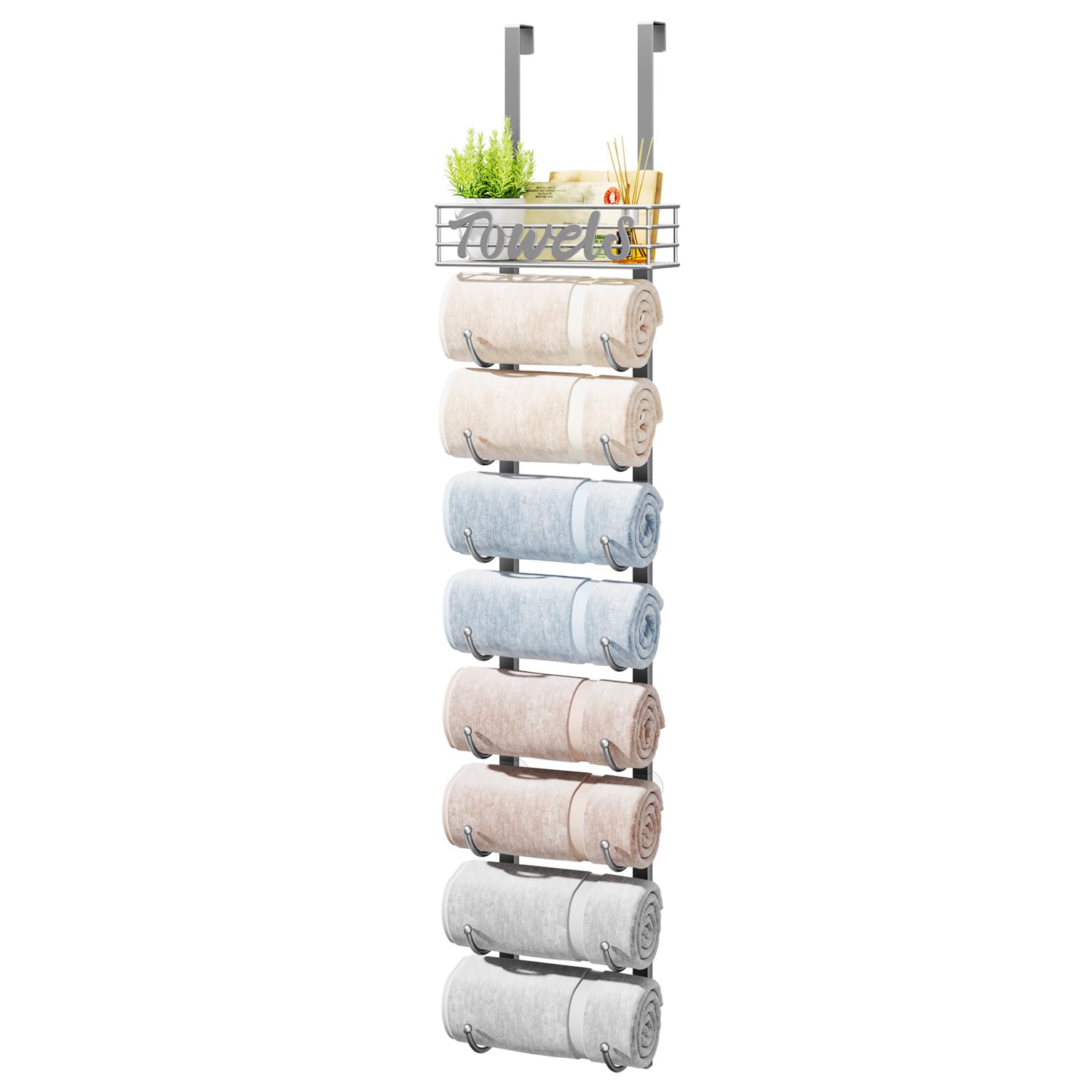 HapiRm Towel Racks for Bathroom Storage - 6 Tier Over The Door & Wall Mount Rolled Towel Storage Organizer Holder with Metal Shelf Basket for Small Bathroom, Camper, Rv - Black, Patented