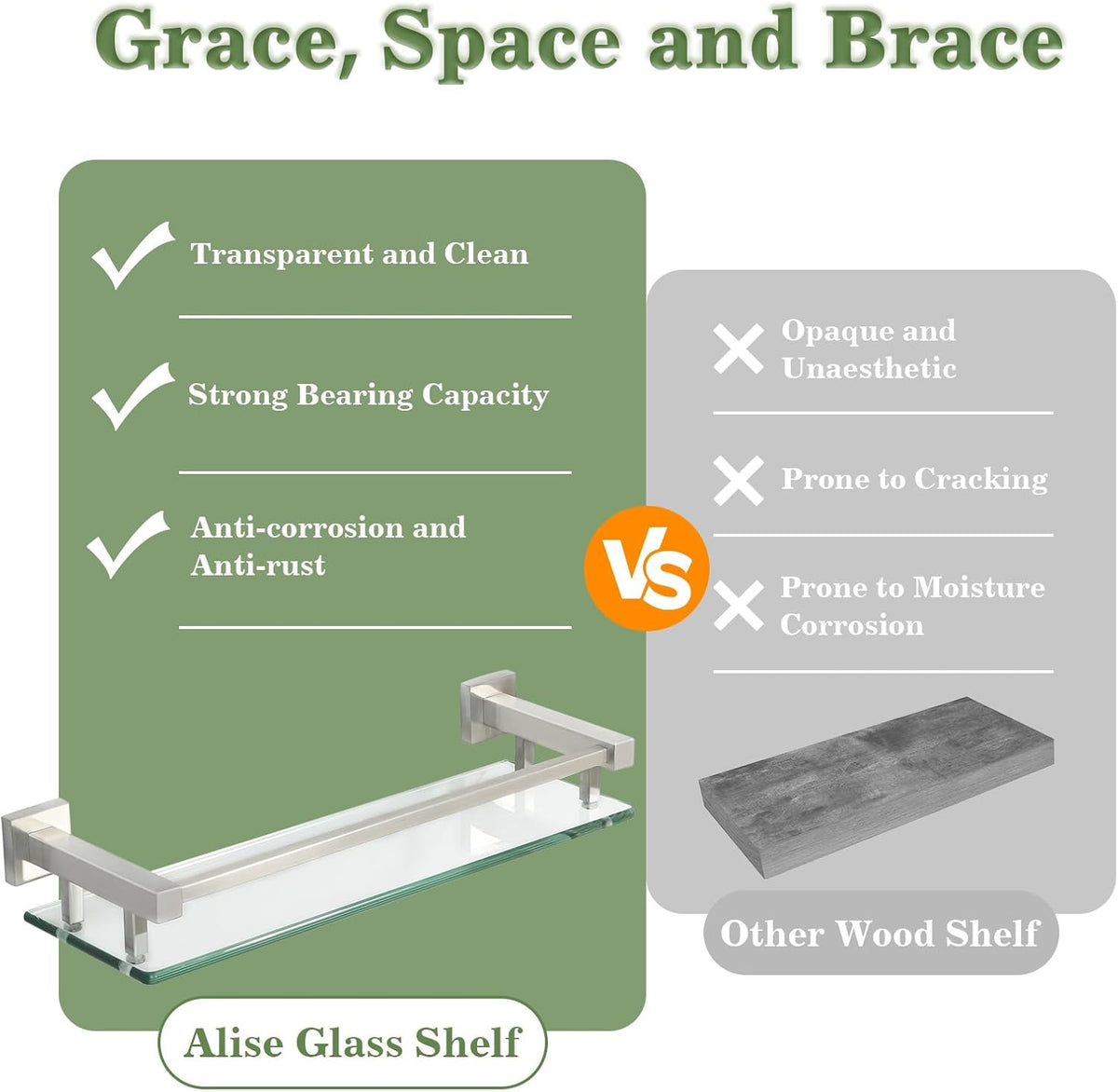 Alise Glass Shelf for Bathroom 16 Inch, Brushed Nickel Floating Glass Shelf