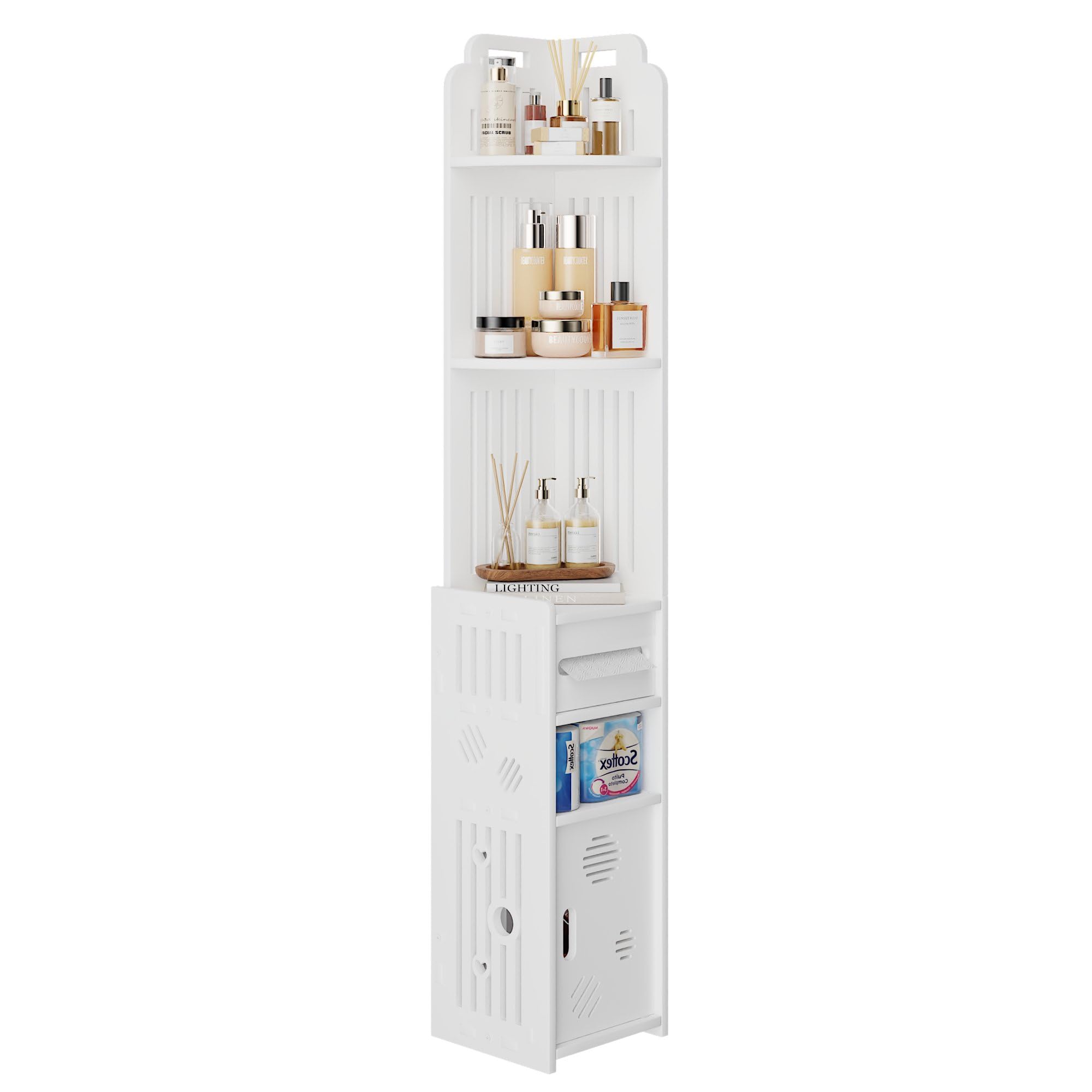 VECELO 3-Tier Bathroom Corner Shelf, Freestanding Triangle Storage Rack, Waterproof Corner Organizer, White Vertical Corner Shelving Unit for Bathroom Toilet Small Space,White