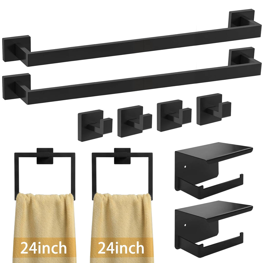 10-Pieces 24 Inch Stainless Steel Matte Black Bathroom Hardware Set