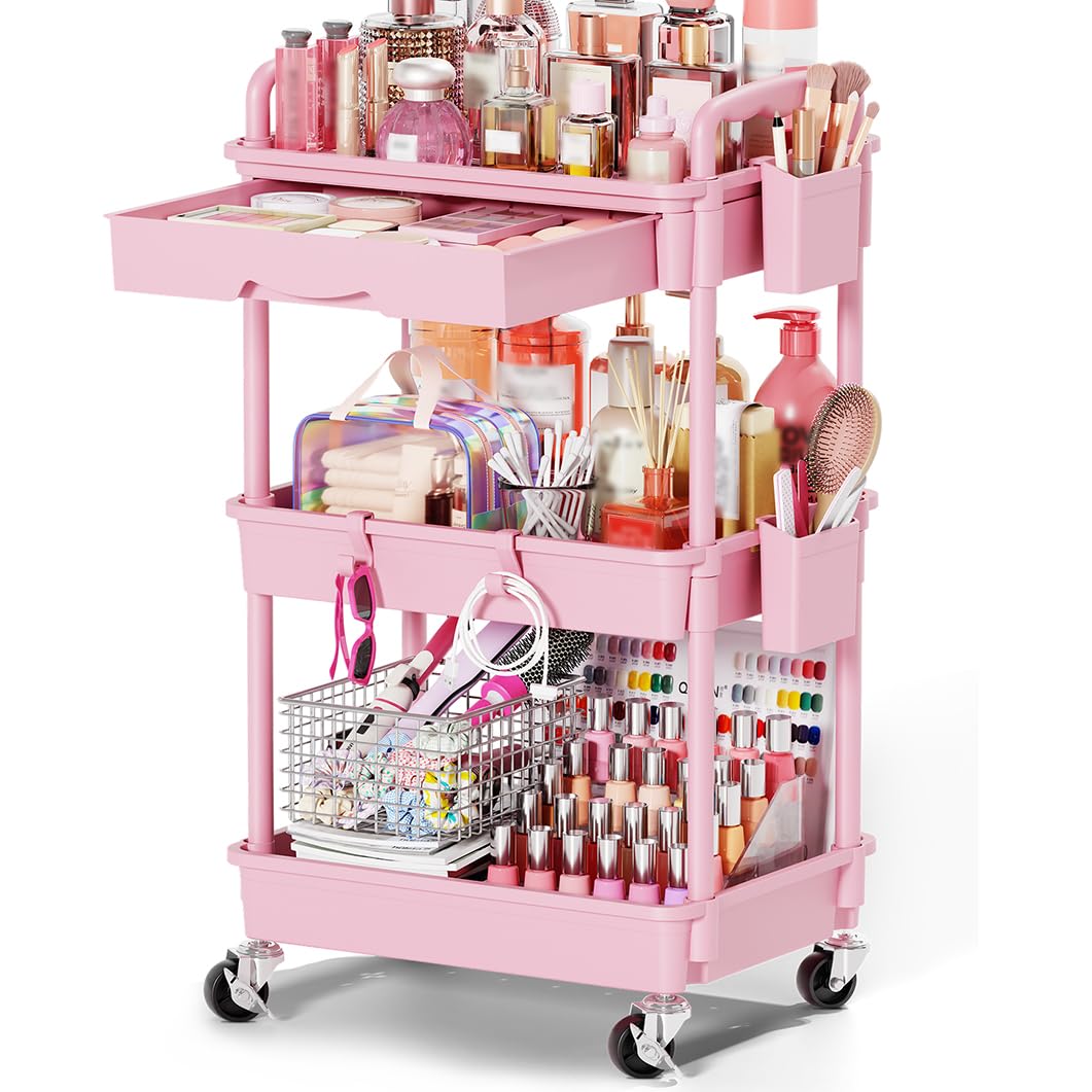 Goovilla Rolling Makeup Organizer Cart with Removable Drawer, 3 Tier Pink