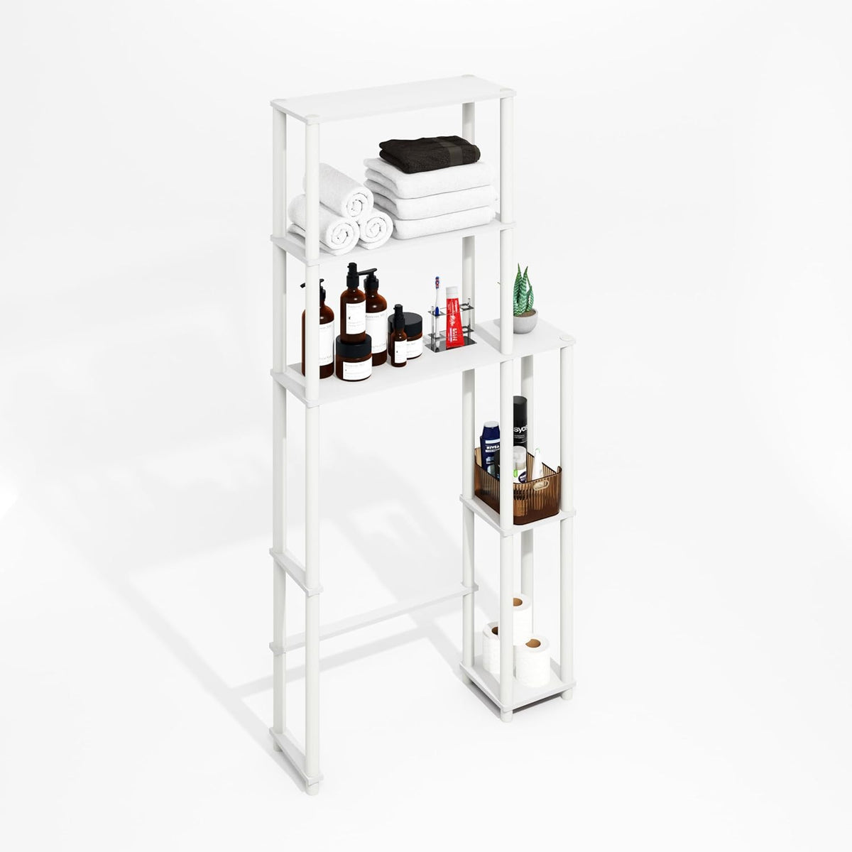 Furinno Turn-N-Tube Over The Toilet Storage, 5-Shelf Over The Toilet Organizer, Freestanding Space Saver Bathroom Shelf, for Bathroom Organizers and Storage, Plain White
