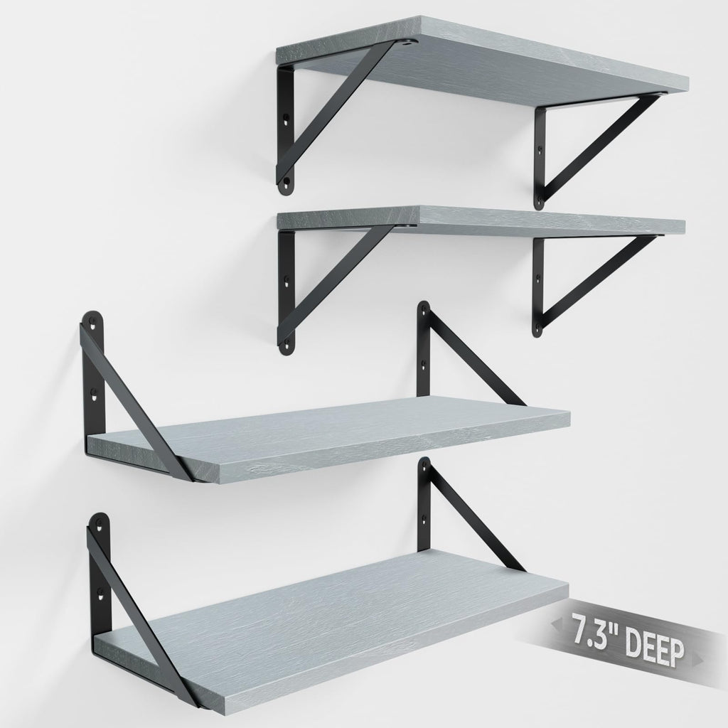 COCOYA Wall Shelves 7.3" Deep Solid Paulownia Wood (Black, Set of 2)