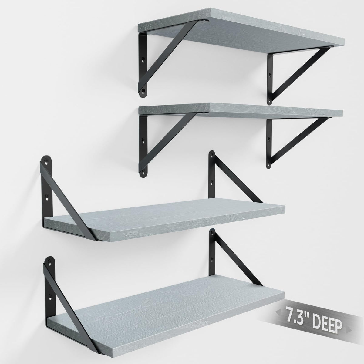 COCOYA Wall Shelves 7.3" Deep Solid Paulownia Wood (Black, Set of 2)