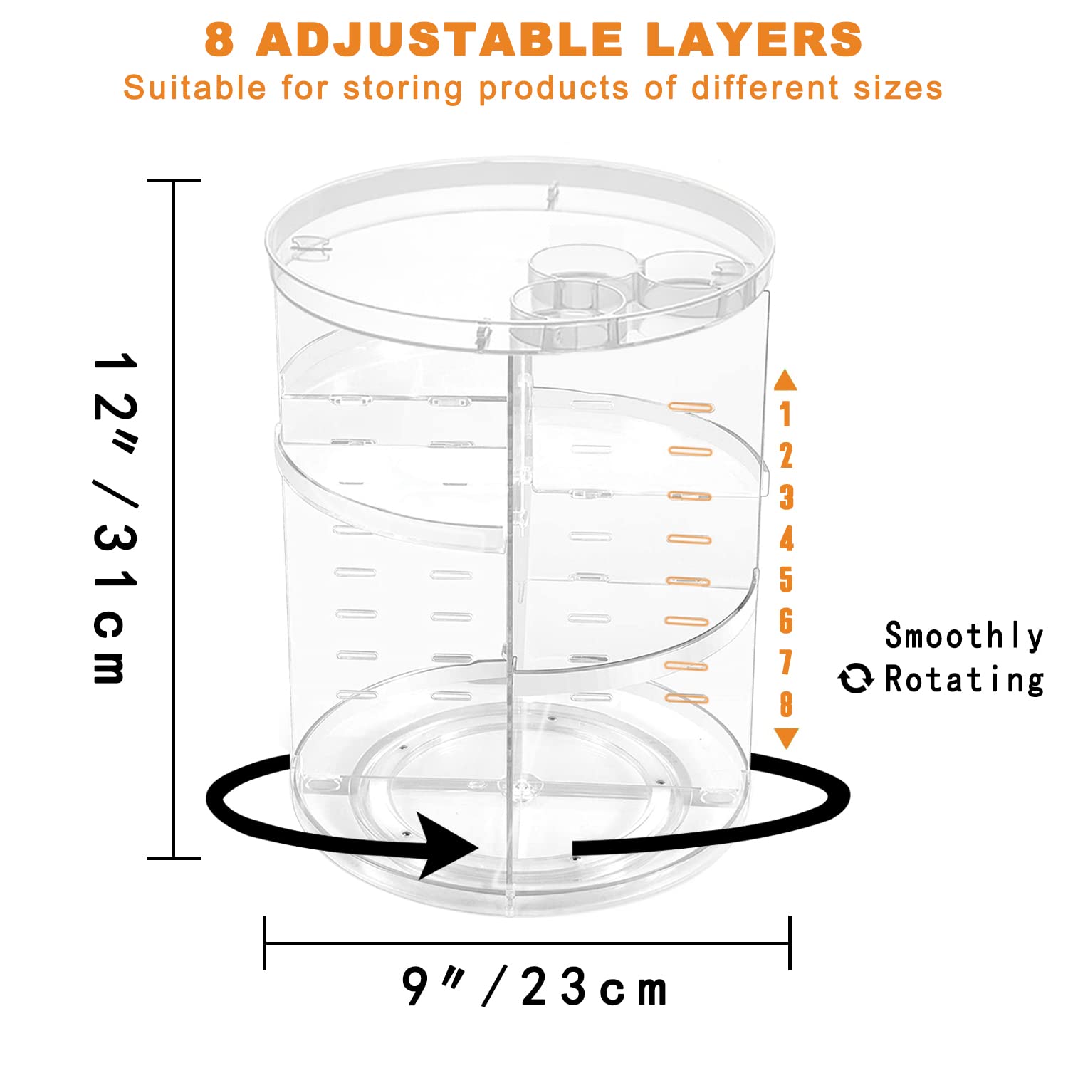Rotating Makeup Organizer, DIY 8 Adjustable Layers Spinning Skincare Storage, Cosmetic Display Case with Brush Holder and Perfume Tray, Multi-Function Vanity Bathroom Countertop Organizer Clear