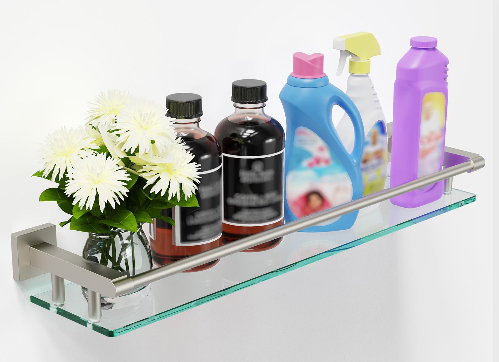 Glass Shelves for Bathroom, 16IN Brushed Nickel Bathroom Shelves for Wall Rectangular Stainless Steel Tempered Glass Modern use for Shelf Sink Over Toilet