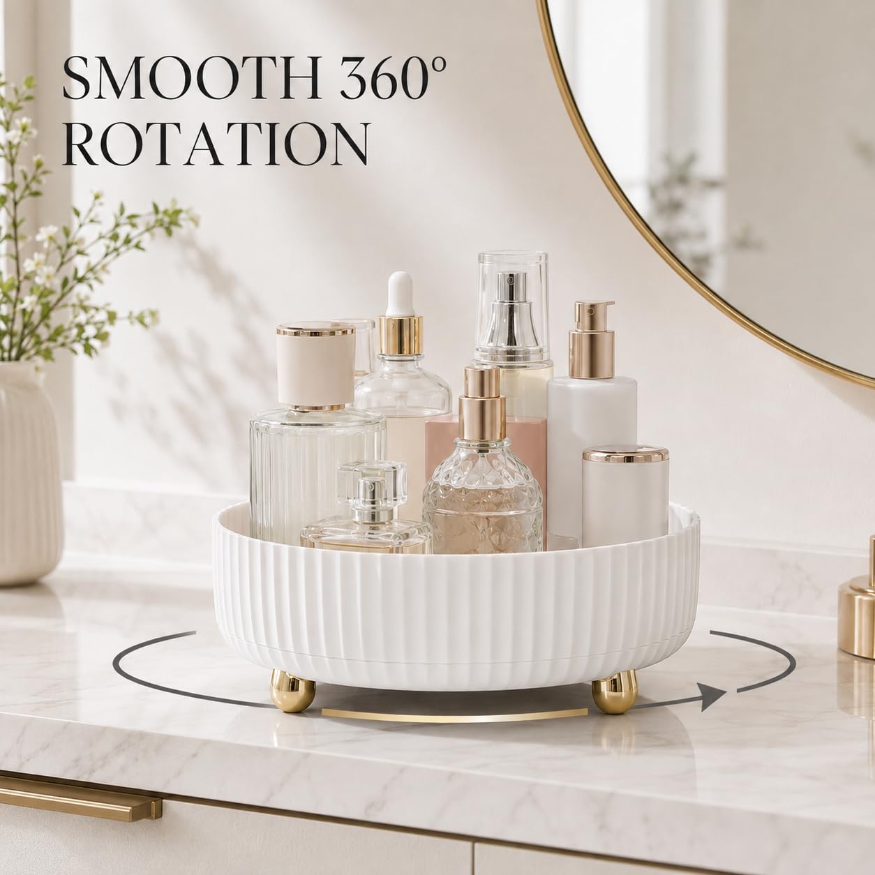 360 Rotating Makeup Perfume Organizer Skincare Tray, Small Ivory White