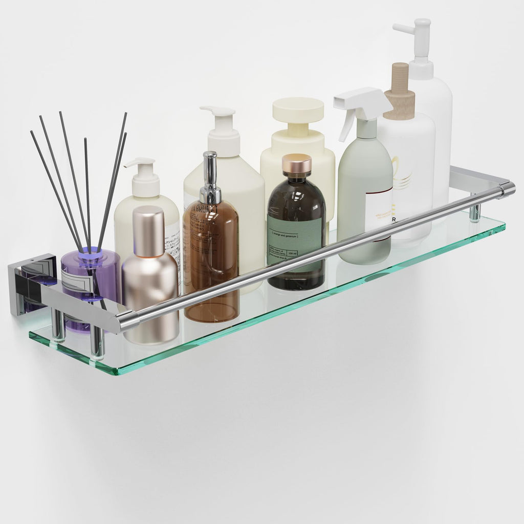 Glass Shelves for Bathroom, 16IN Brushed Nickel Bathroom Shelves for Wall Rectangular Stainless Steel Tempered Glass Modern use for Shelf Sink Over Toilet