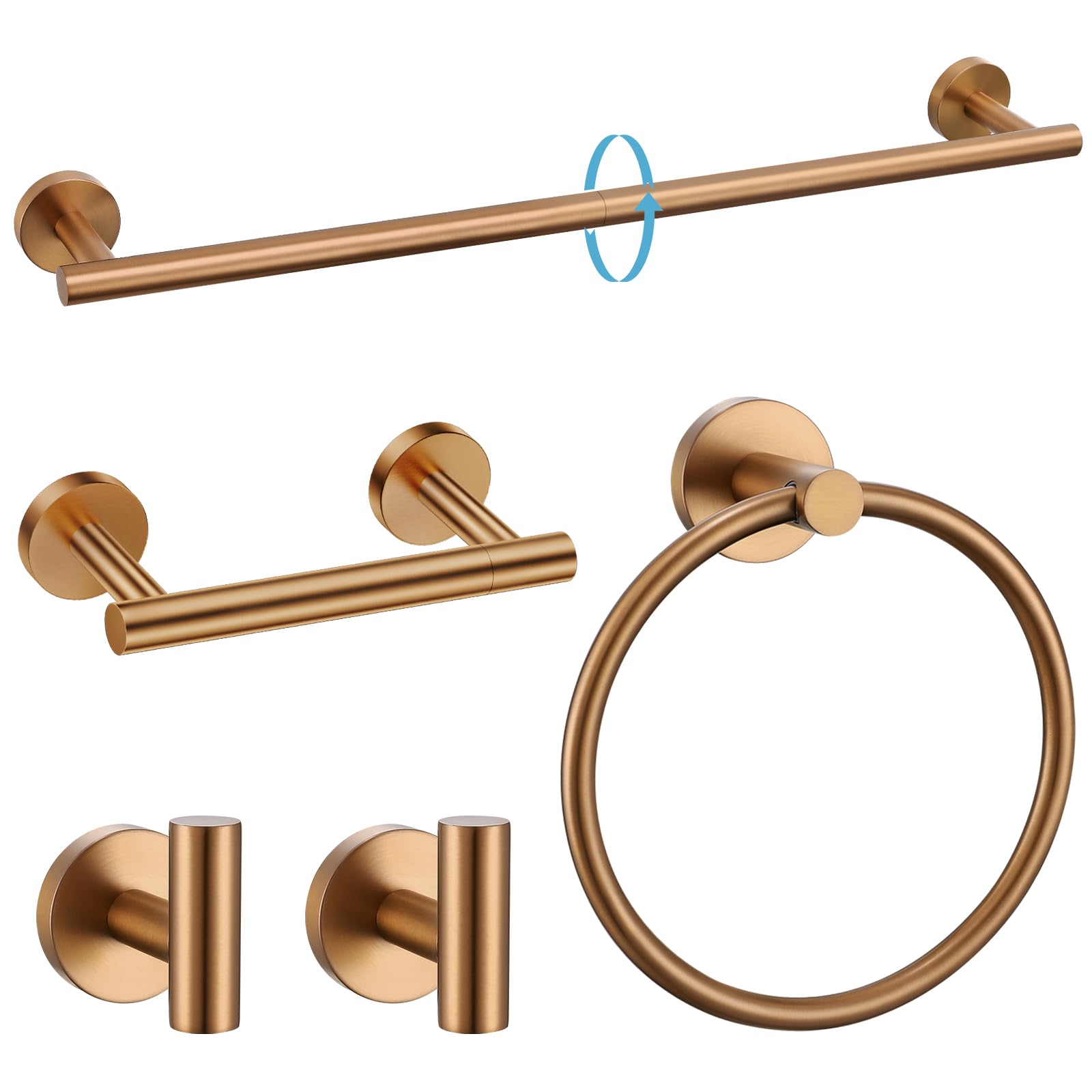 TURS Brushed Gold 5 Piece Bathroom Hardware Set, SUS304 Stainless Steel 24 Inch Bath Towel Bar Set, Round Bathroom Accessories Kit Wall Mounted