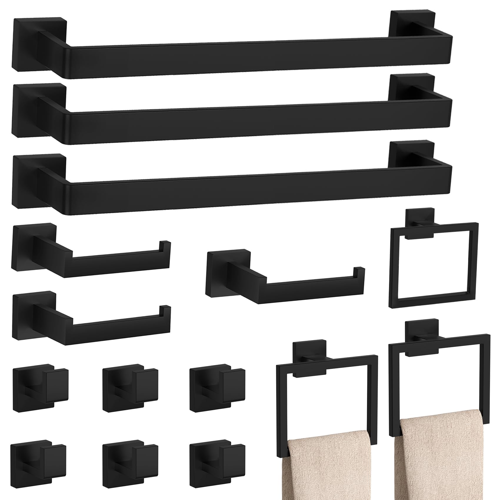 10-Pieces Matte Black Bathroom Accessories Set 23.6 Inch Towel Bar Set.