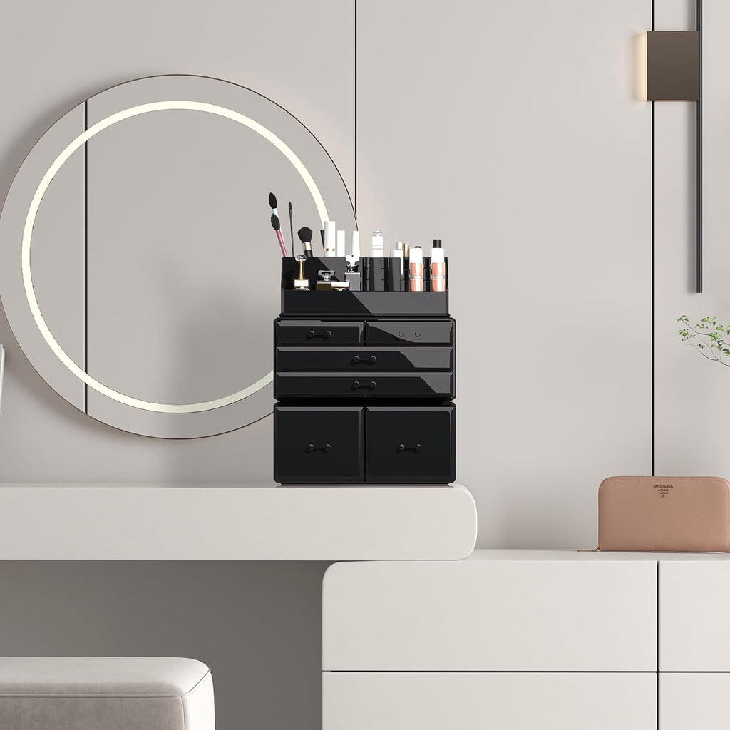 READAEER Makeup Organizer 3 Pieces Cosmetic Storage Case with 6 Drawers (Black)