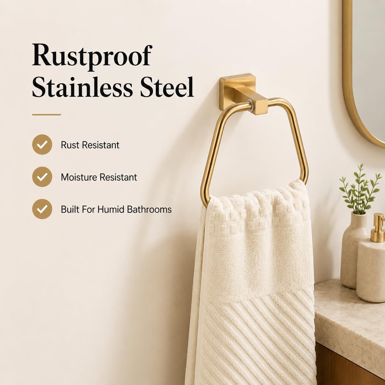 Brushed Light Gold Towel Ring for Bathroom, Kitchen Bath Towel Holder Hangers Wall Mount Heavy Duty Stainless Steel