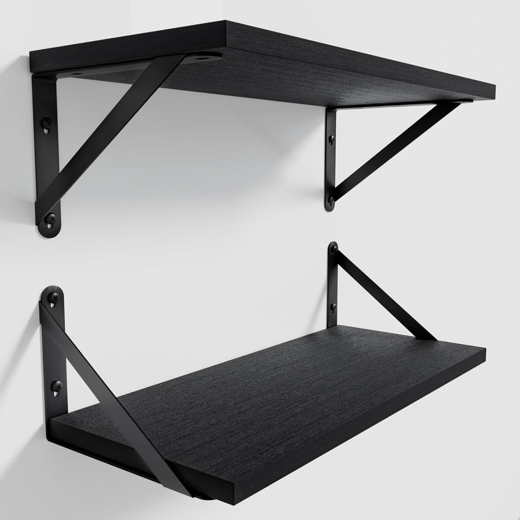 COCOYA Wall Shelves 7.3" Deep Solid Paulownia Wood (Black, Set of 2)