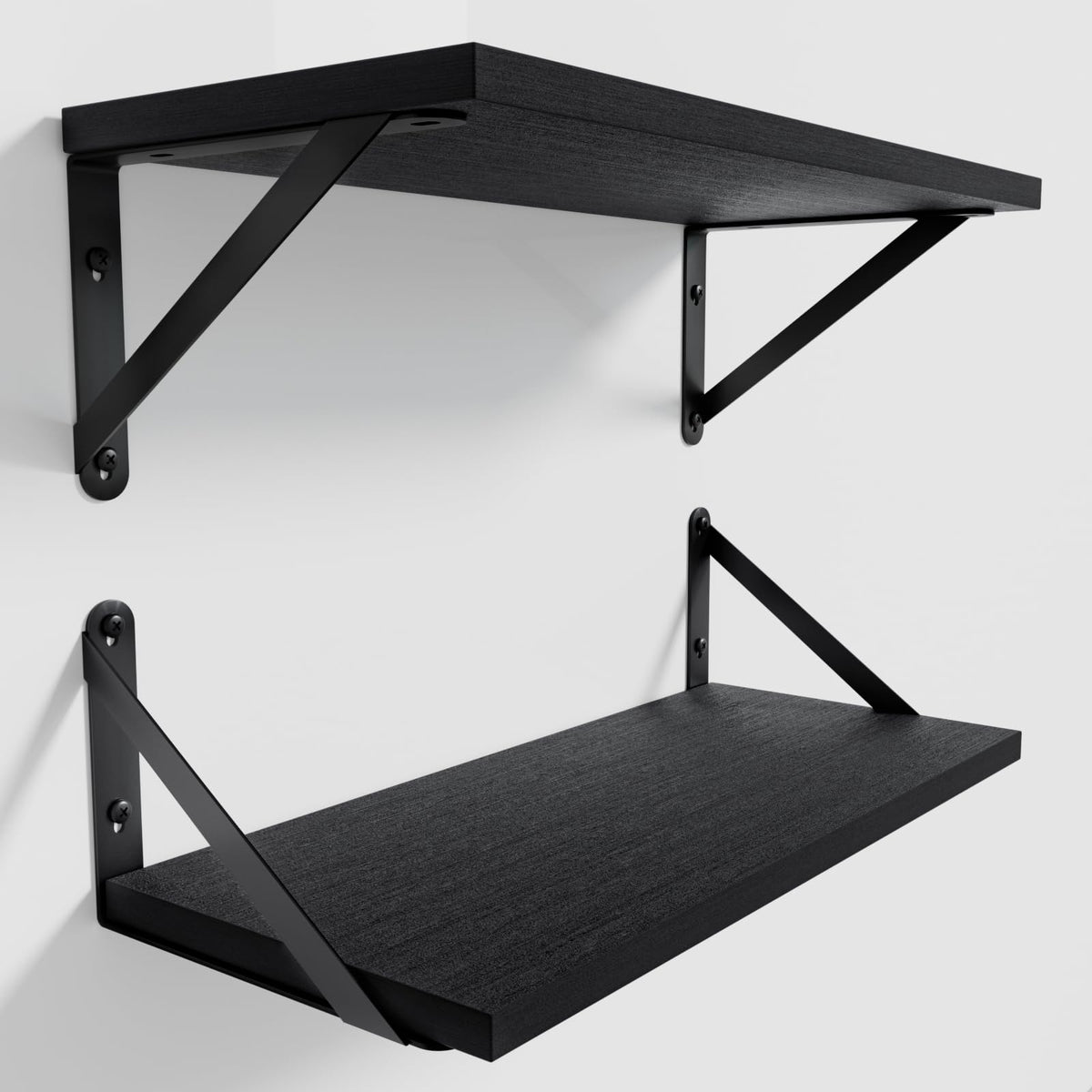 COCOYA Wall Shelves 7.3" Deep Solid Paulownia Wood (Black, Set of 2)
