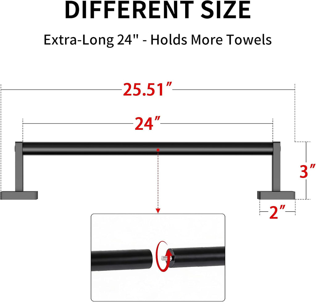 MKO Towel Bar for Bathroom, 24" 2 Pack Wall Mounted Towel Rack, Black