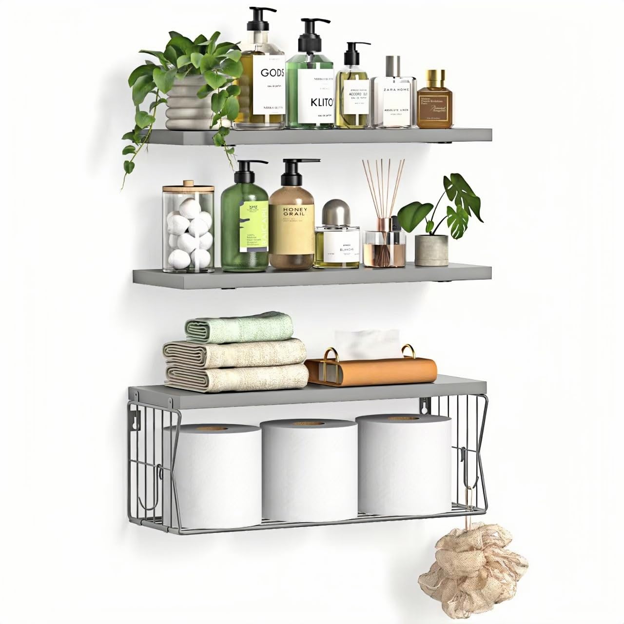 Floating Bathroom Shelves Wall Mounted - Wooden Shelf Set of 3 for Over Toilet Storage & Modern Bathroom Decor - Perfect Wall Shelving Organizer for Apartments RVs Powder Rooms Restroom - Black