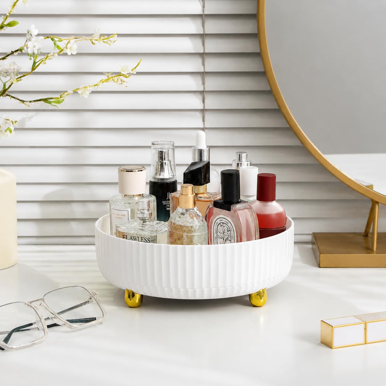 360 Rotating Makeup Perfume Organizer Skincare Tray, Small Ivory White
