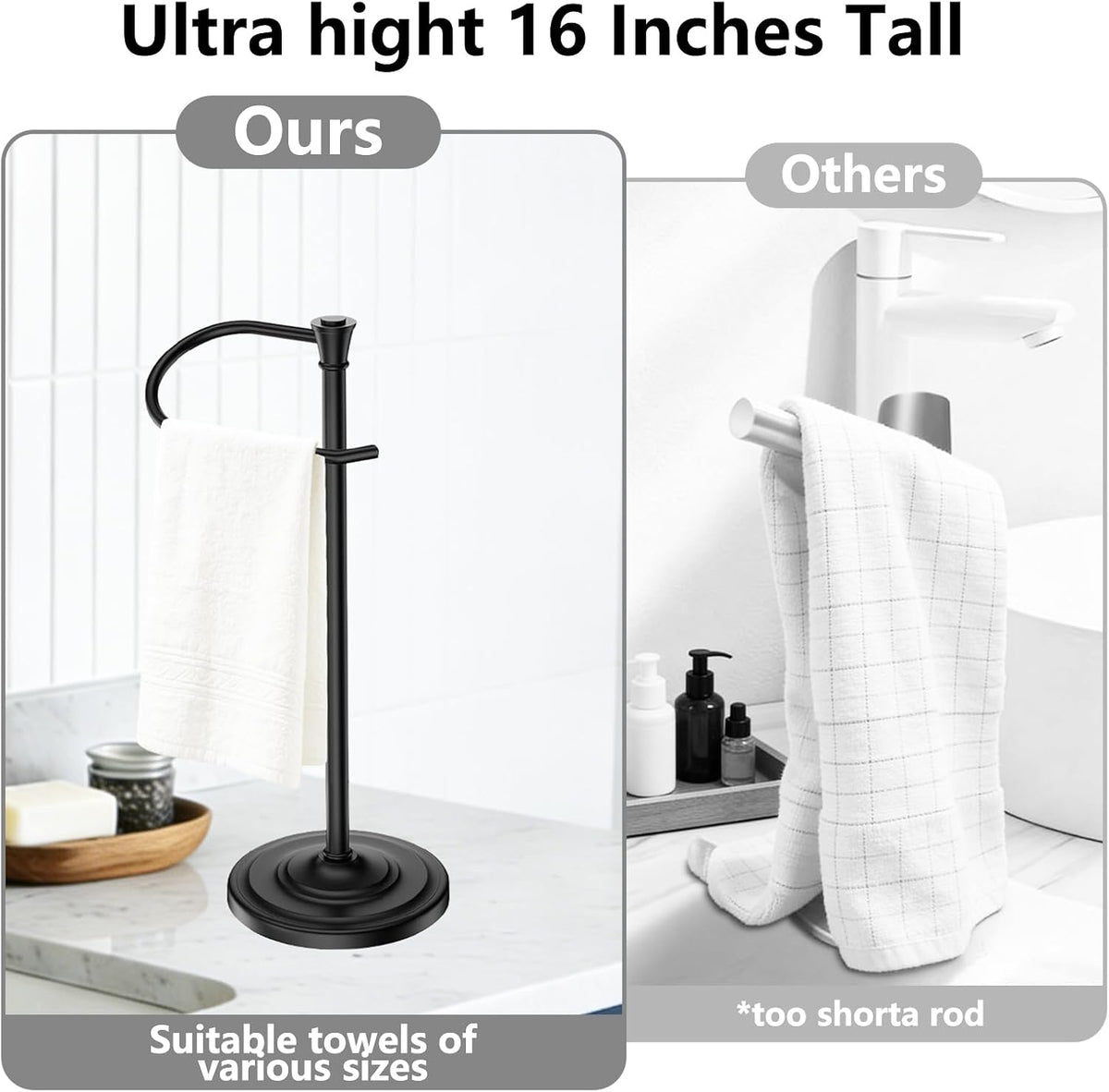 Bath Hand Towel Holder Stand,Stainless Steel 16 Inch Free Standing Towel Rack,Heavy Weight Towel Bar for Bathroom Vanity Countertop &Kitchen,Black