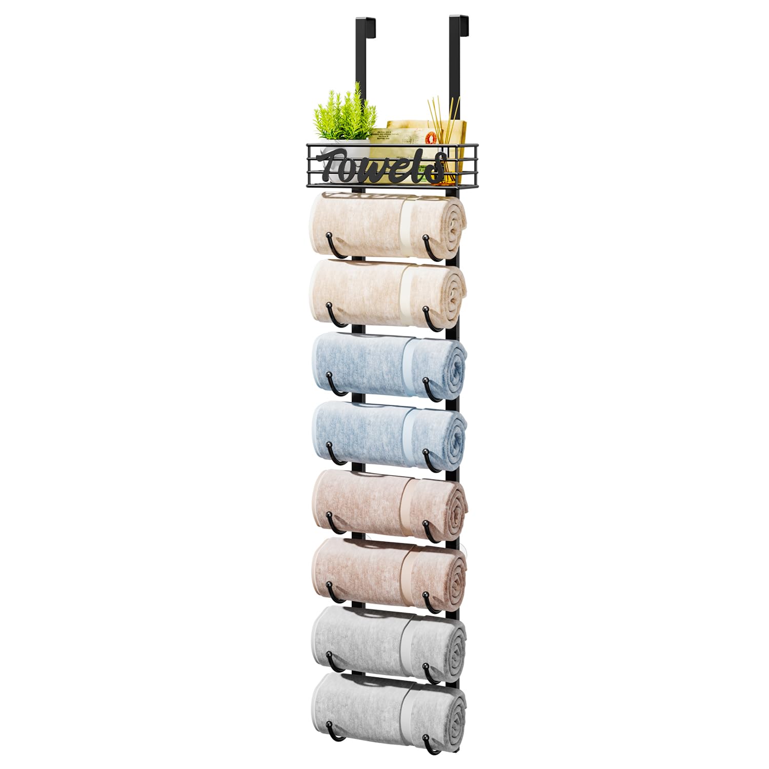 HapiRm Towel Racks for Bathroom Storage - 6 Tier Over The Door & Wall Mount Rolled Towel Storage Organizer Holder with Metal Shelf Basket for Small Bathroom, Camper, Rv - Black, Patented