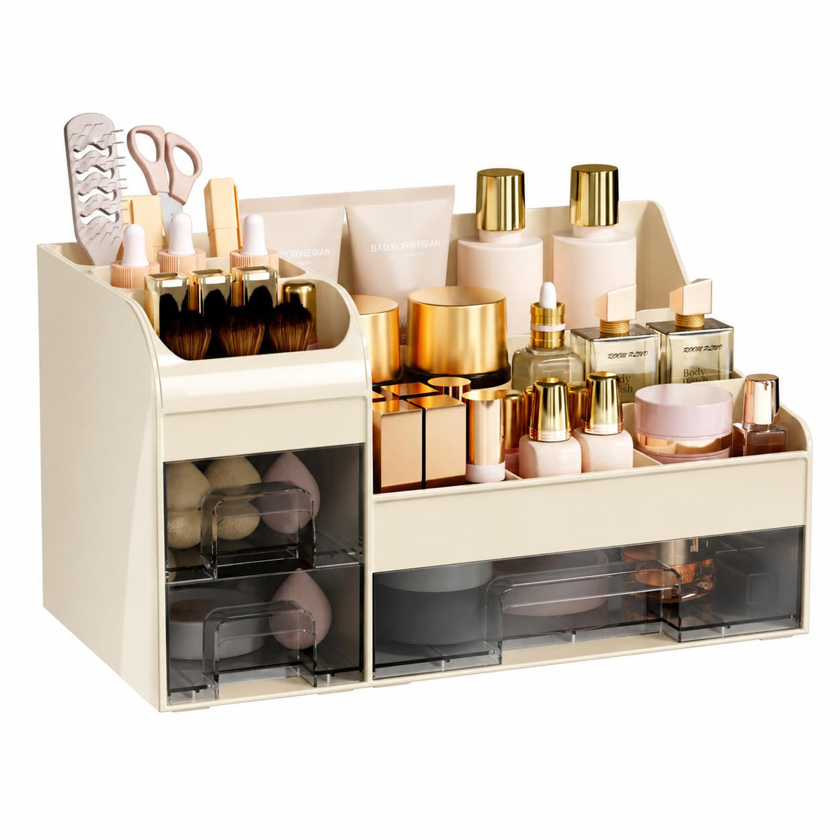 Extra Large Makeup Organizer for Vanity,Countertop Organizer with Drawers and Brush Holder,Men’s Cologne Organizer for Bathroom,Cosmetic Skin Storage for Lipsticks,Nail Polish & Shaving Lotion,Black