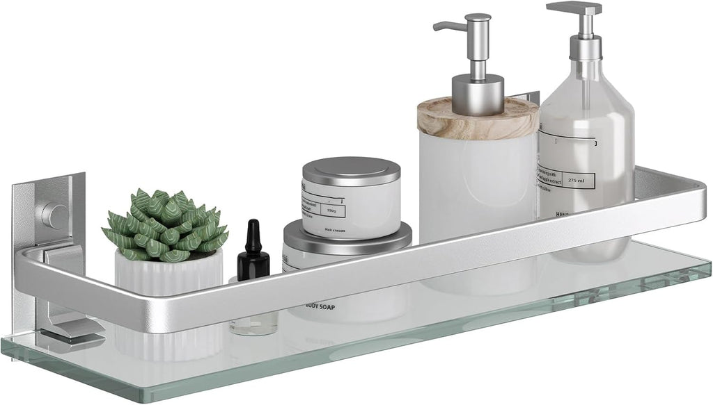 Danpoo Clear Tempered Glass Wall Shelf, Wall-Mounted Organizer for Bathroom, Kitchen(Matte Silver)