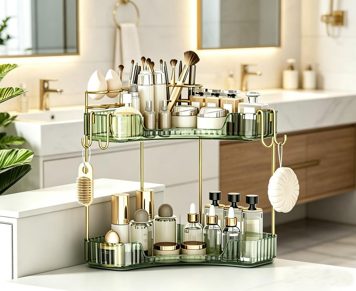 2-Tier Corner Bathroom Counter Organizer，Makeup & Skincare Shelf with Built-in Brush Holder，Space-Saving Bathroom Countertop Organizer for Skincare, Perfume, Cosmetics(Clear)