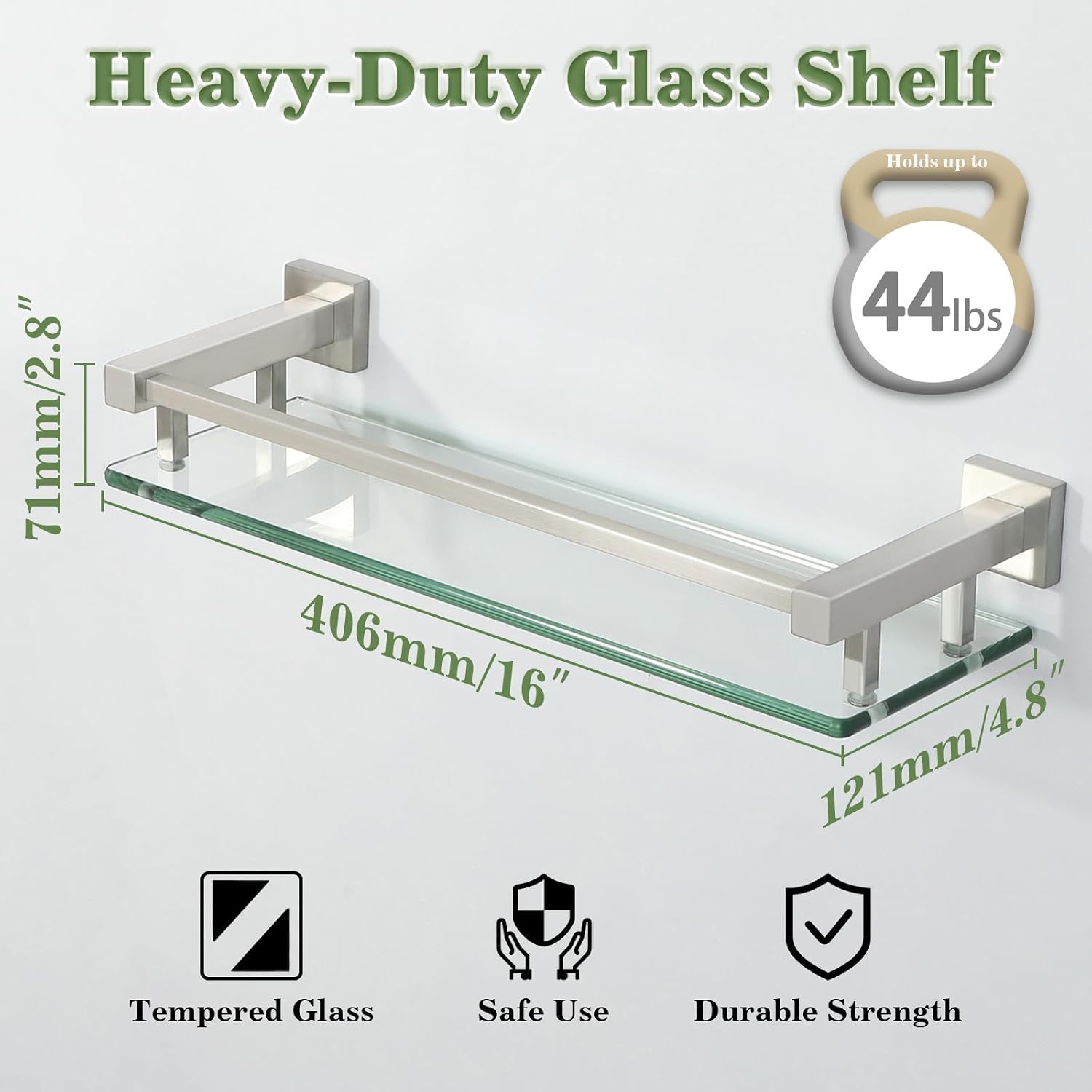 Alise Glass Shelf for Bathroom 16 Inch, Brushed Nickel Floating Glass Shelf