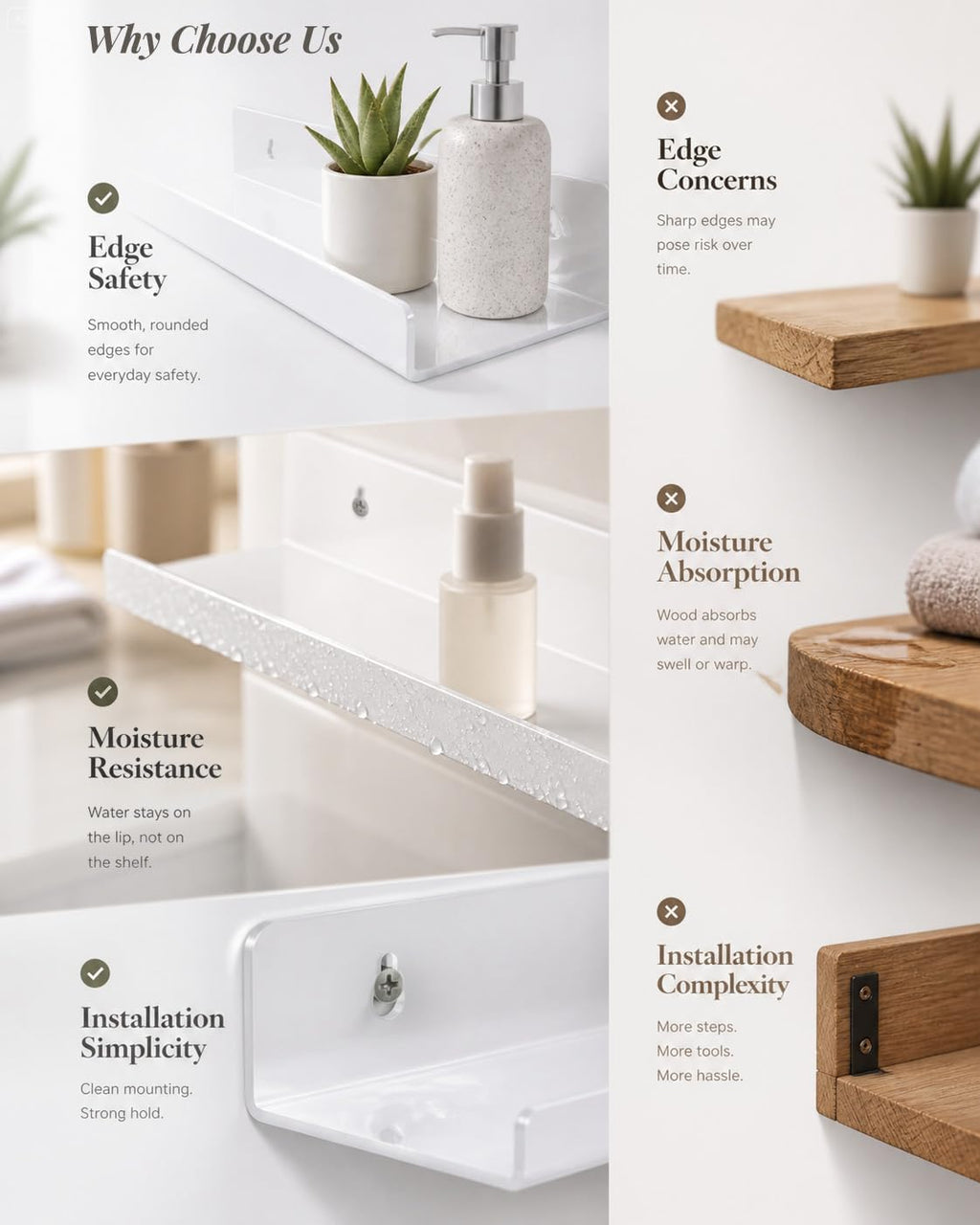 White Acrylic Bathroom Shelf Wall Mounted Floating Organizer with Front Lip