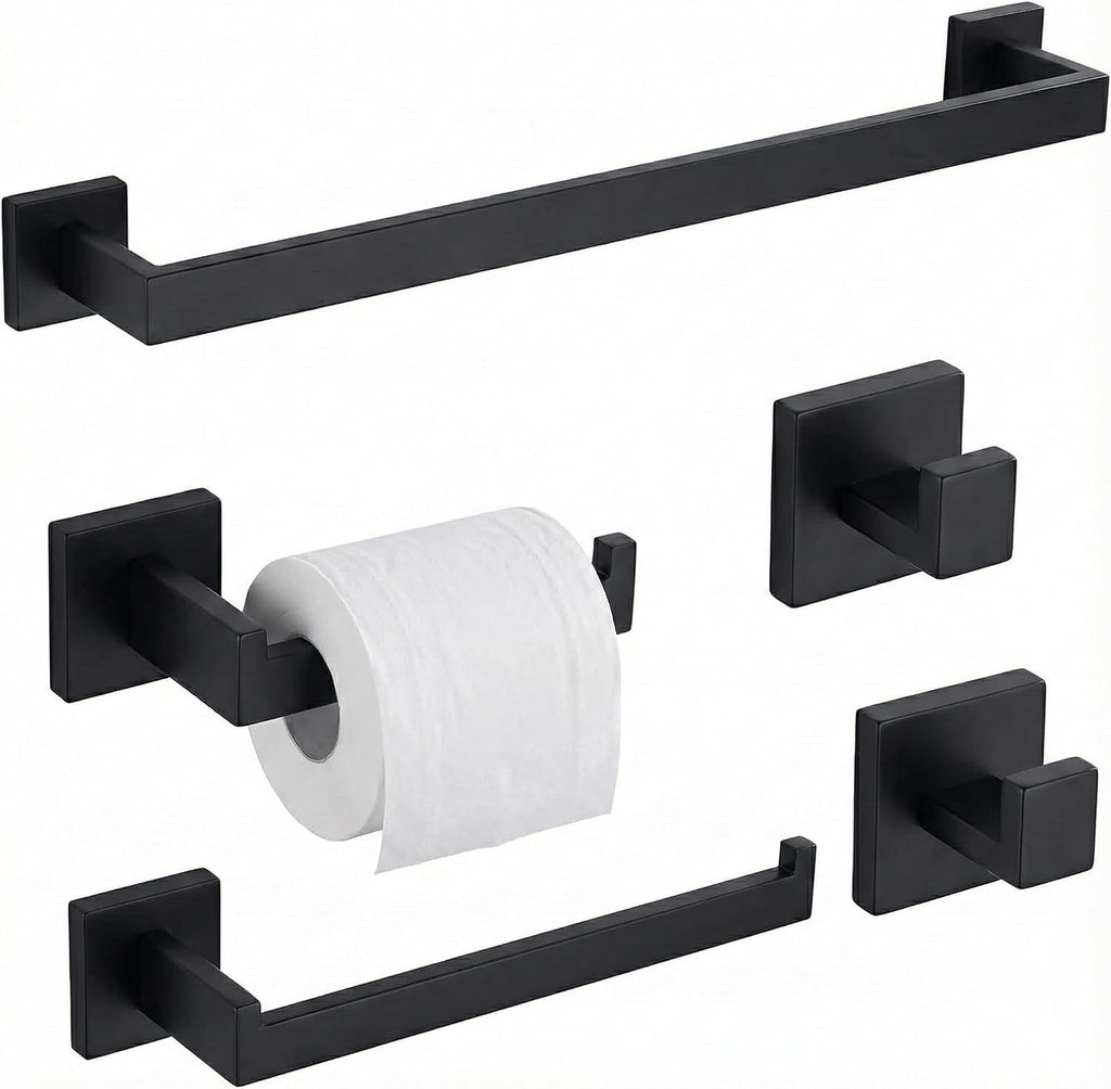 5-Piece Bathroom Hardware Set, 16 in Towel Bar, Matte Black