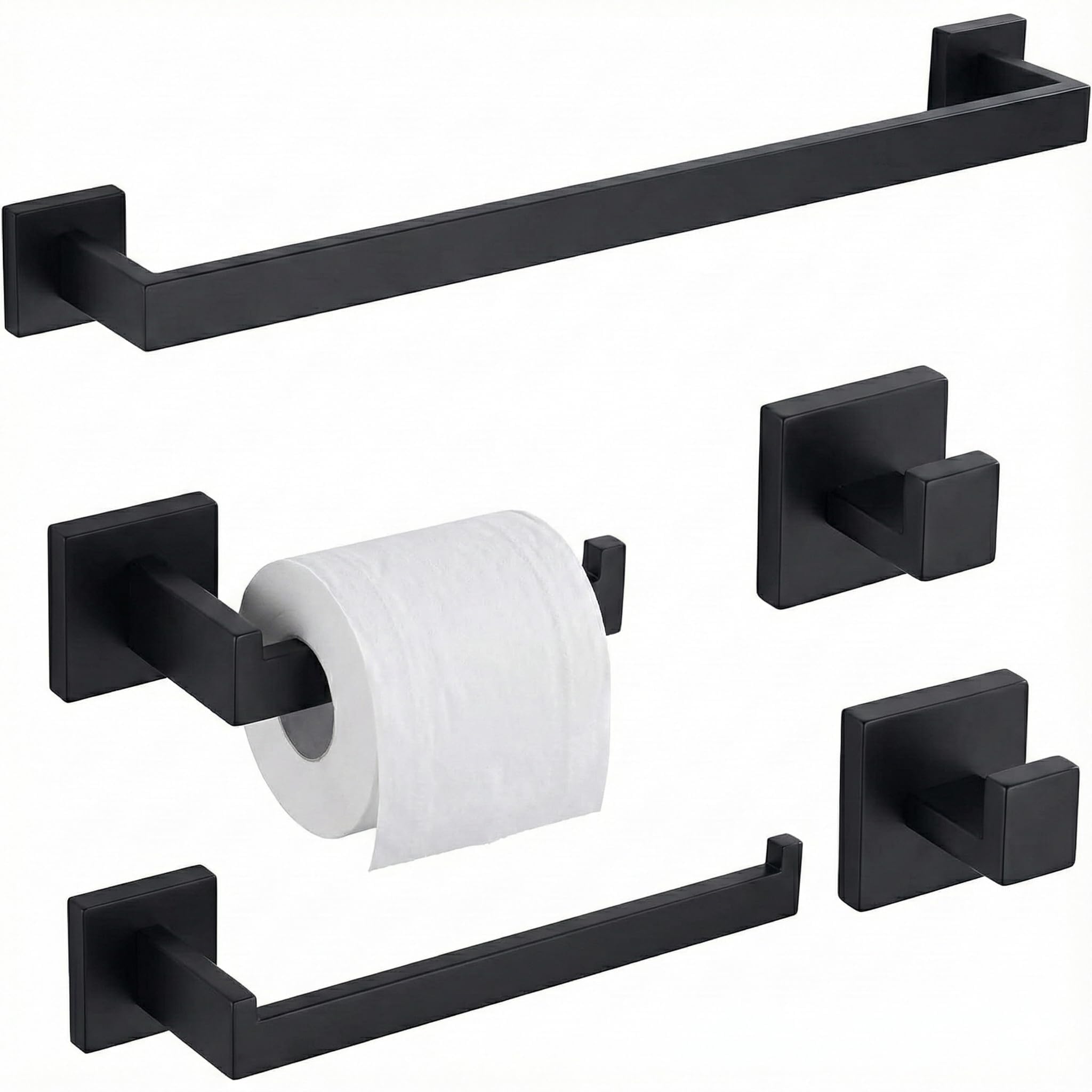 5-Piece Bathroom Hardware Set, 16 in Towel Bar, Matte Black
