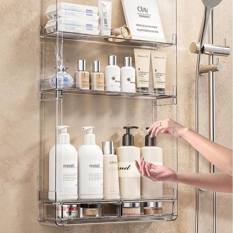 BOHOIDEE 3 Tiers Wall Acrylic Display Shelves with 2 Division Boards, Large Capactiy Acrylic Bathroom Organizer, Wall-Mounted Dustproof Makeup Organizer Storage for Bathroom, Kitchen, Room Decor