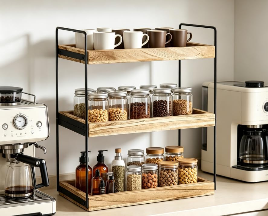 3-Tier Wood Bathroom Counter Organizer, Countertop Storage Shelf, Vanity Cosmetic Holder & Kitchen Spice Rack