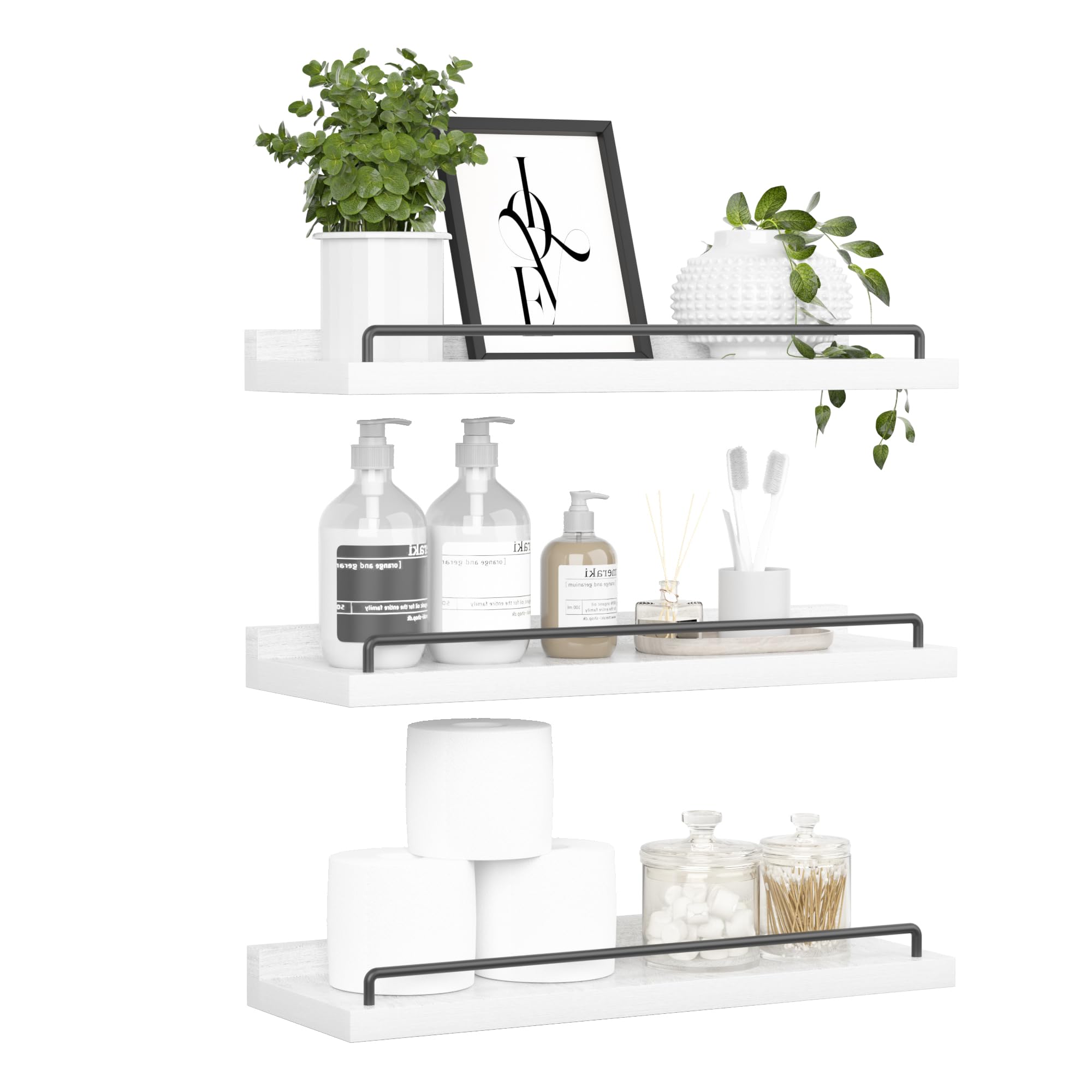RYOFOBETTO Floating Shelves for Wall Decor Bathroom Shelves Over Toilet, Farmhouse Wall Shelves for Living Room, Bedroom, Picture Frames, Plants, Kitchen (Black, Set of 3)