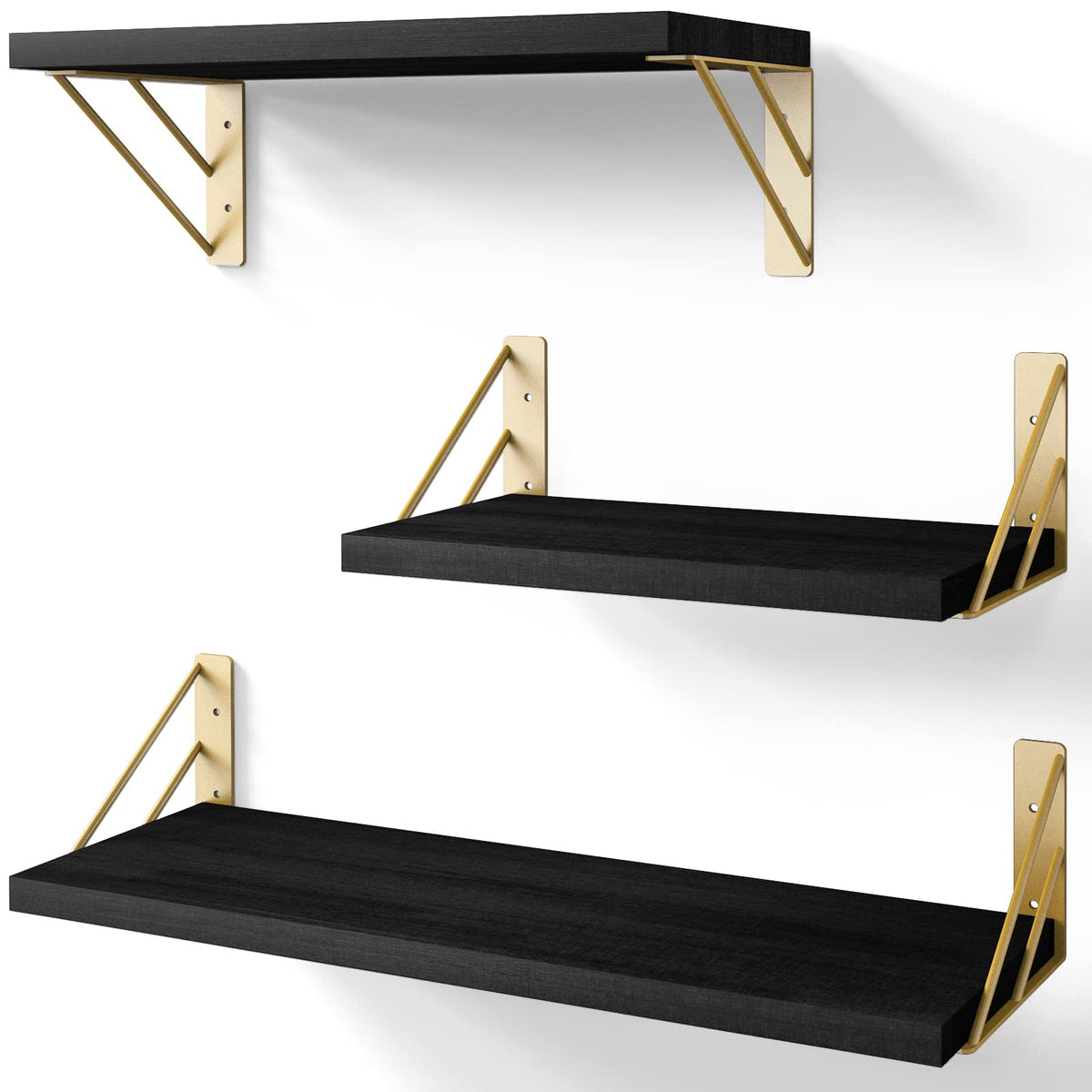BAYKA Wall Mounted Floating Shelves, Wood Floating Wall Shelf for Books & Decor, Small Space-Saving Display & Organizer（Black，Set of 4）