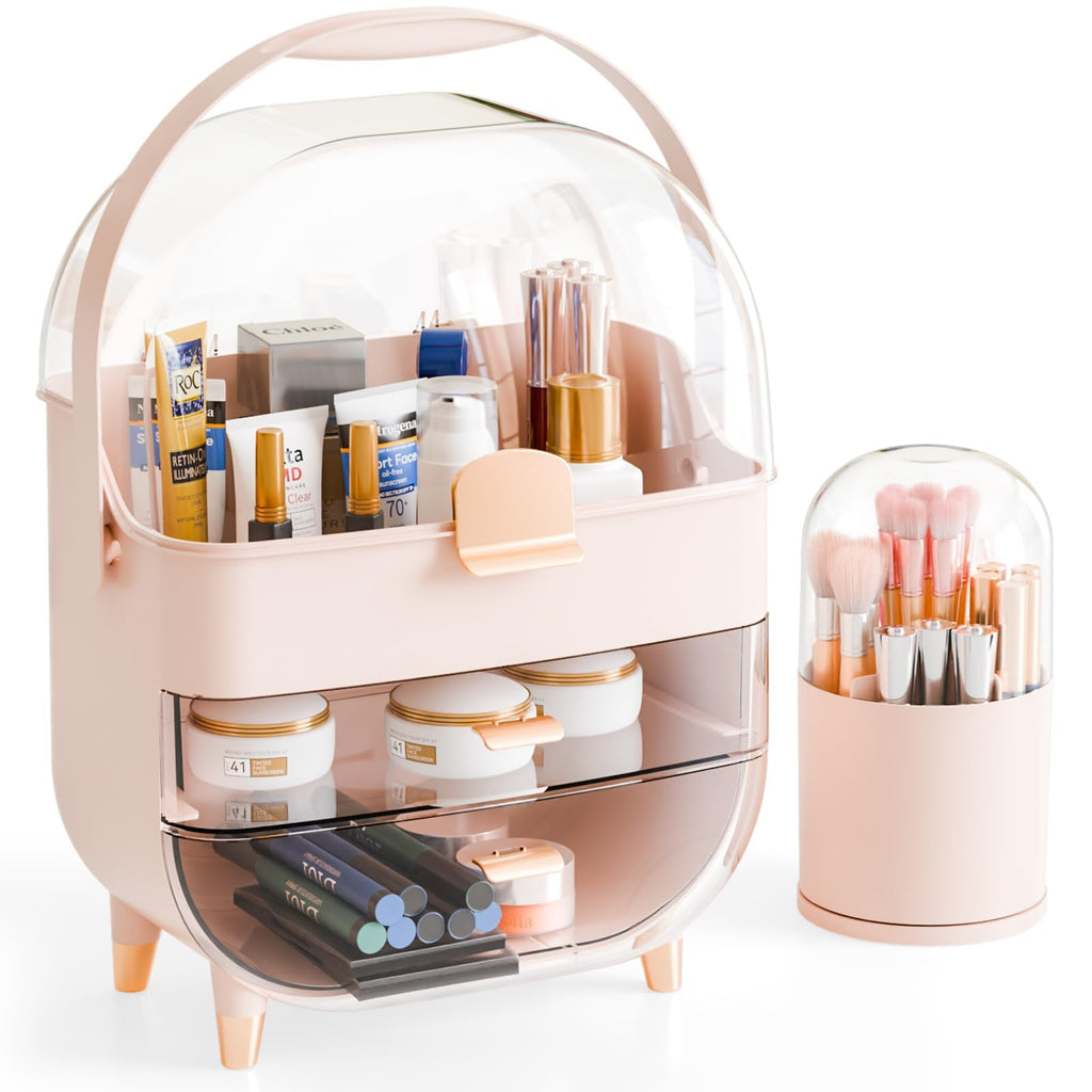 Yieach Countertop Makeup Organizer for Vanity,Large Capacity Skincare Organizers With Drawers and Makeup Brush Holder,Cosmetic Display Cases with Clear Cover for Bathroom,Dresser,Beauty Product,Pink