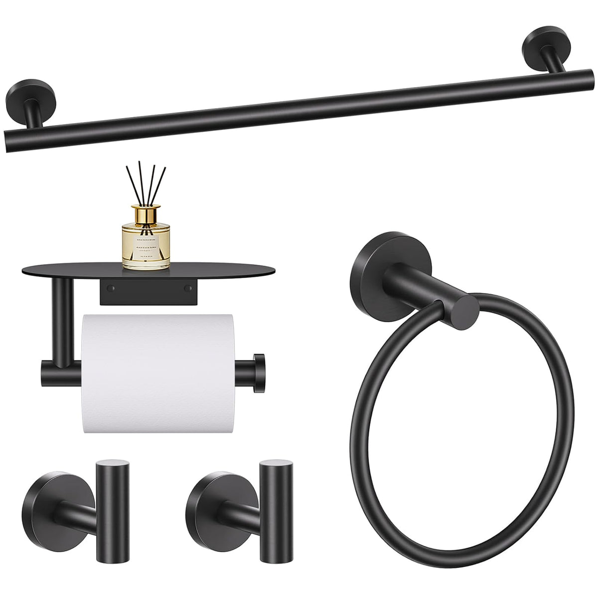 TURS Brushed Gold 5 Piece Bathroom Hardware Set, SUS304 Stainless Steel 24 Inch Bath Towel Bar Set, Round Bathroom Accessories Kit Wall Mounted