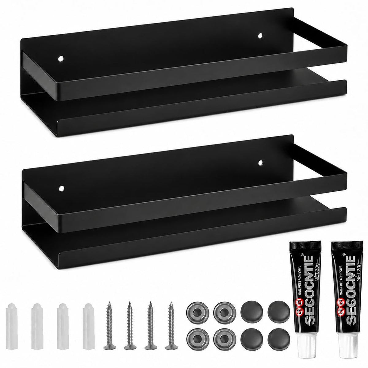 Shower Floating Shelves, Wall-Mounted Caddy, 15.75 in, 2 Pack Black