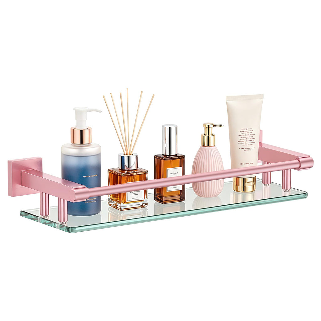Glass Shelves for Bathroom, 16IN Brushed Nickel Bathroom Shelves for Wall Rectangular Stainless Steel Tempered Glass Modern use for Shelf Sink Over Toilet