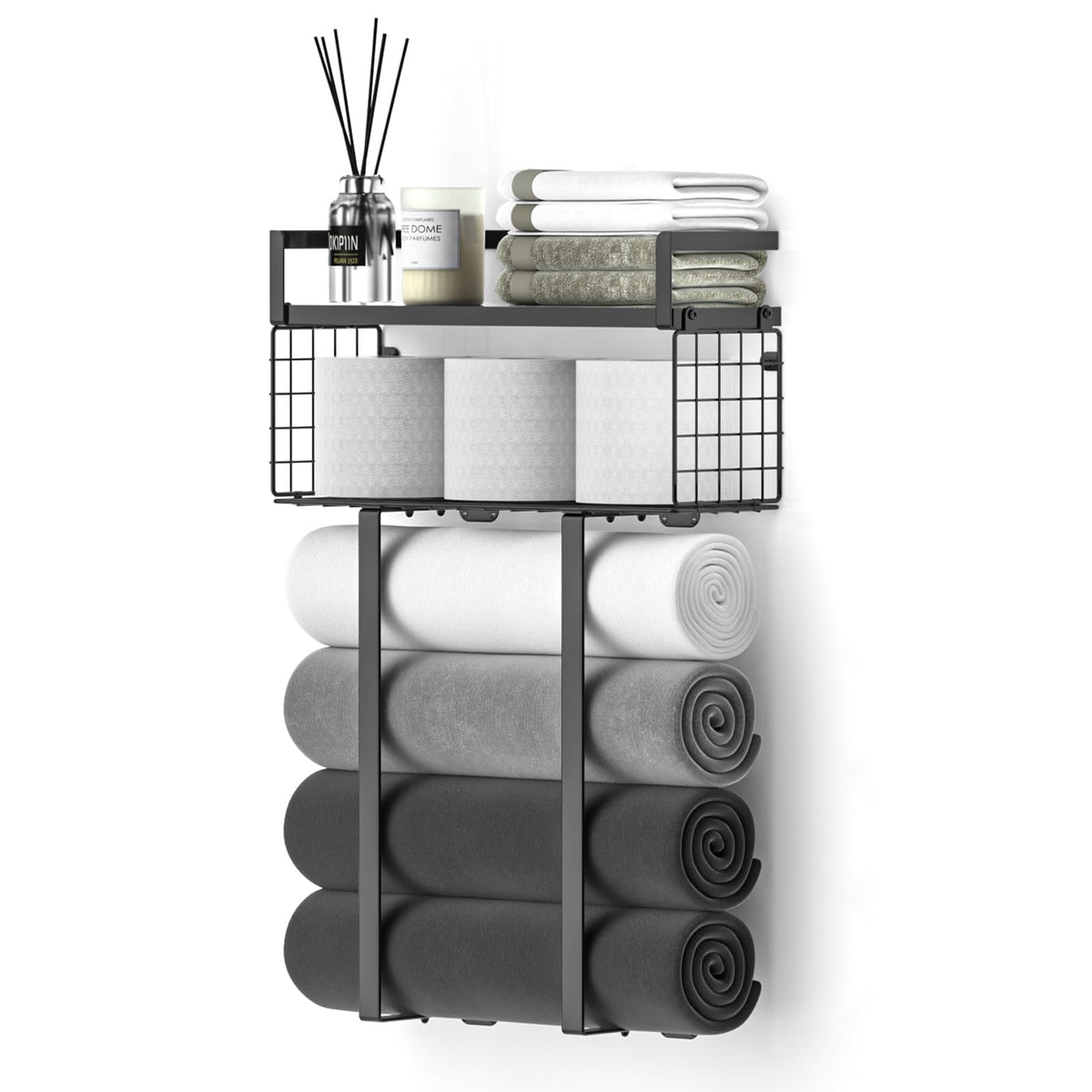 Xstydes Towel Racks for Bathroom Wall Mounted, Metal Towel Holder with Wooden Shelf for Folding Large Towels, Towel Storage for Small Bathroom Organizer Decor or RV Camping