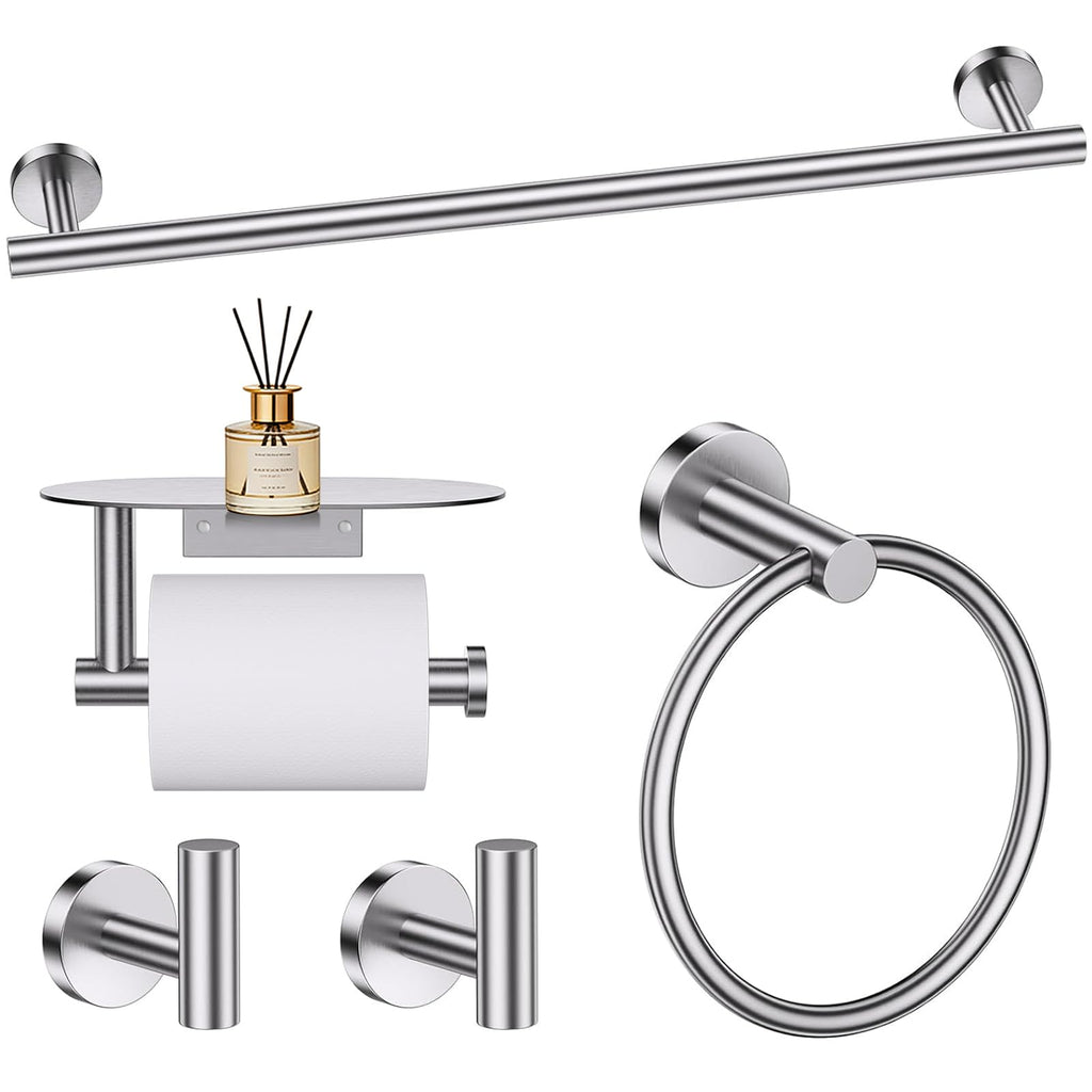 TURS Brushed Gold 5 Piece Bathroom Hardware Set, SUS304 Stainless Steel 24 Inch Bath Towel Bar Set, Round Bathroom Accessories Kit Wall Mounted