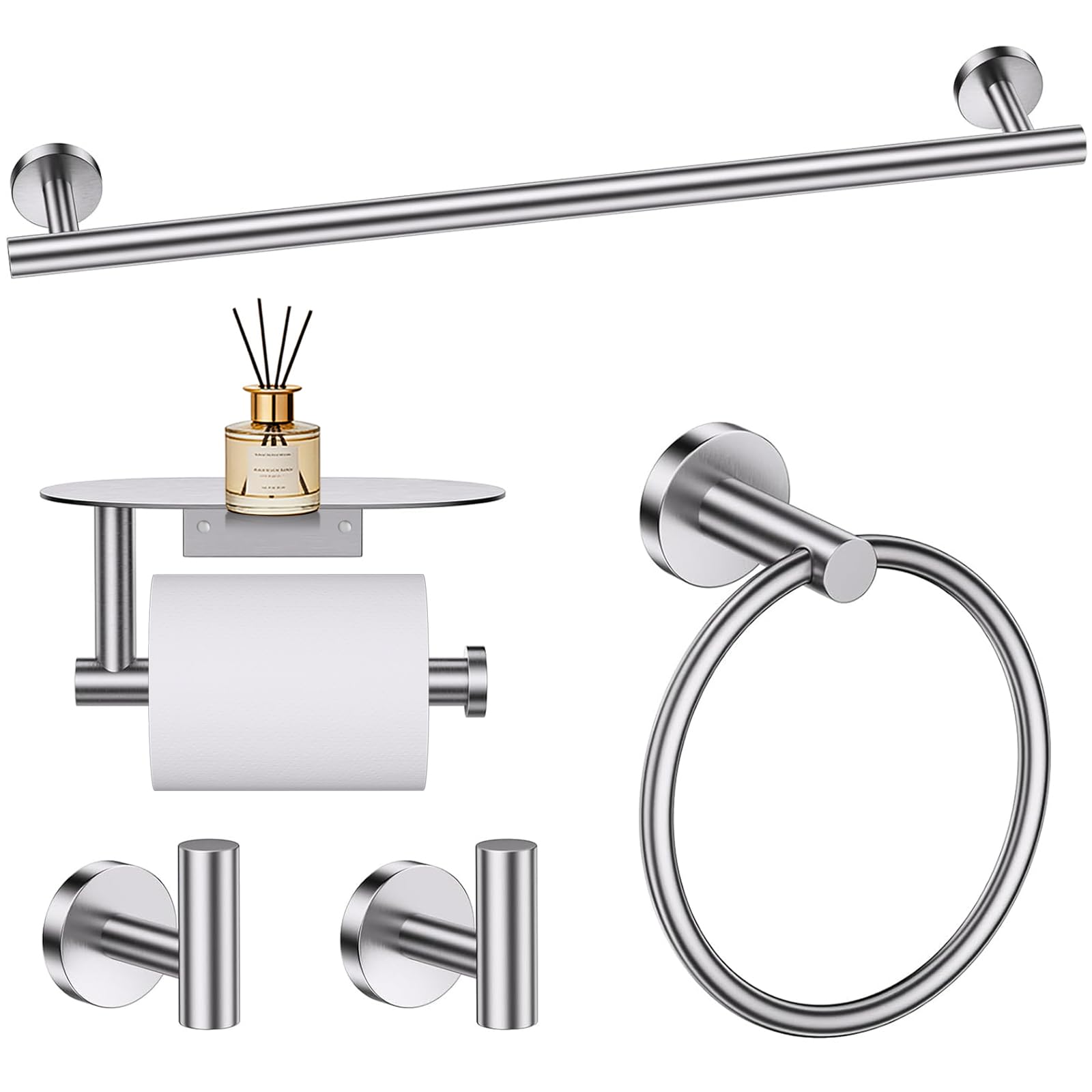 TURS Brushed Gold 5 Piece Bathroom Hardware Set, SUS304 Stainless Steel 24 Inch Bath Towel Bar Set, Round Bathroom Accessories Kit Wall Mounted