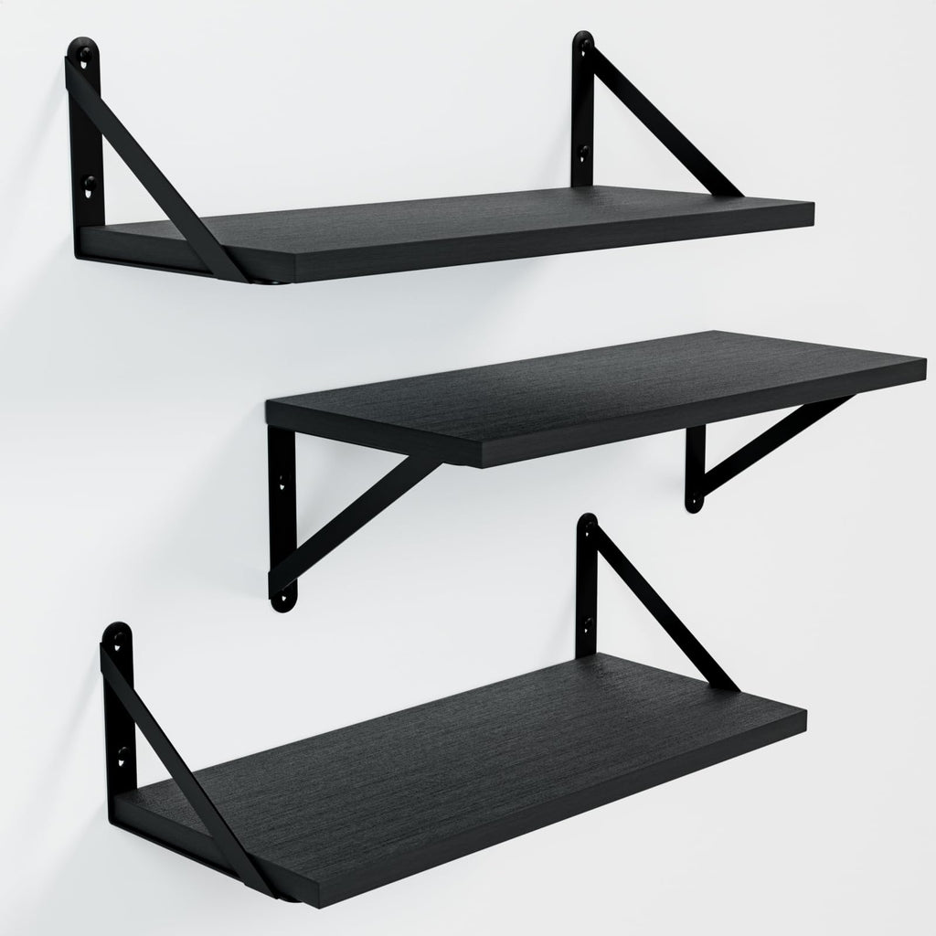 COCOYA Wall Shelves 7.3" Deep Solid Paulownia Wood (Black, Set of 2)