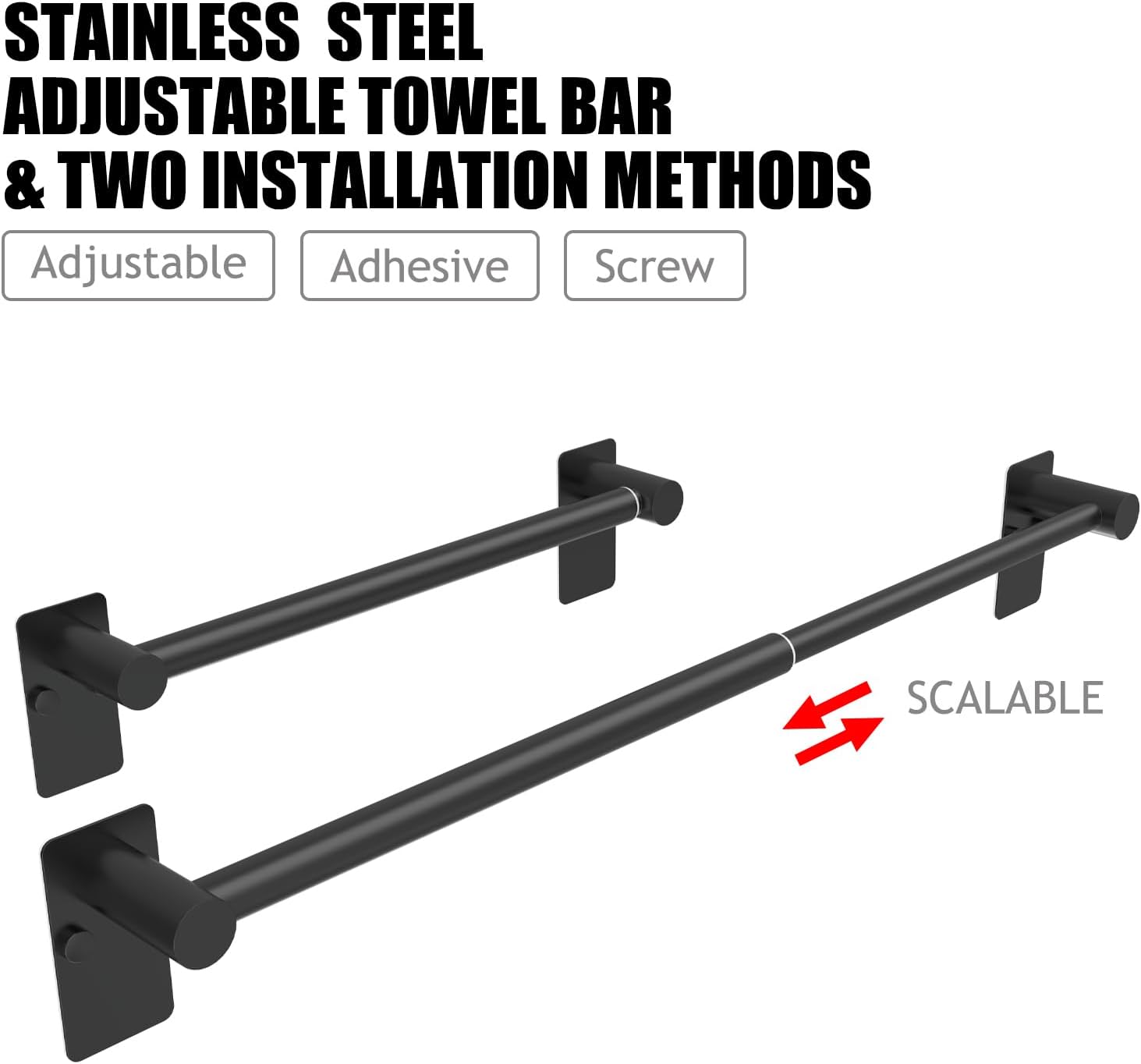 Towel Bar, Adhesive or Drill Wall Mount, Matte Black, 1 Pack