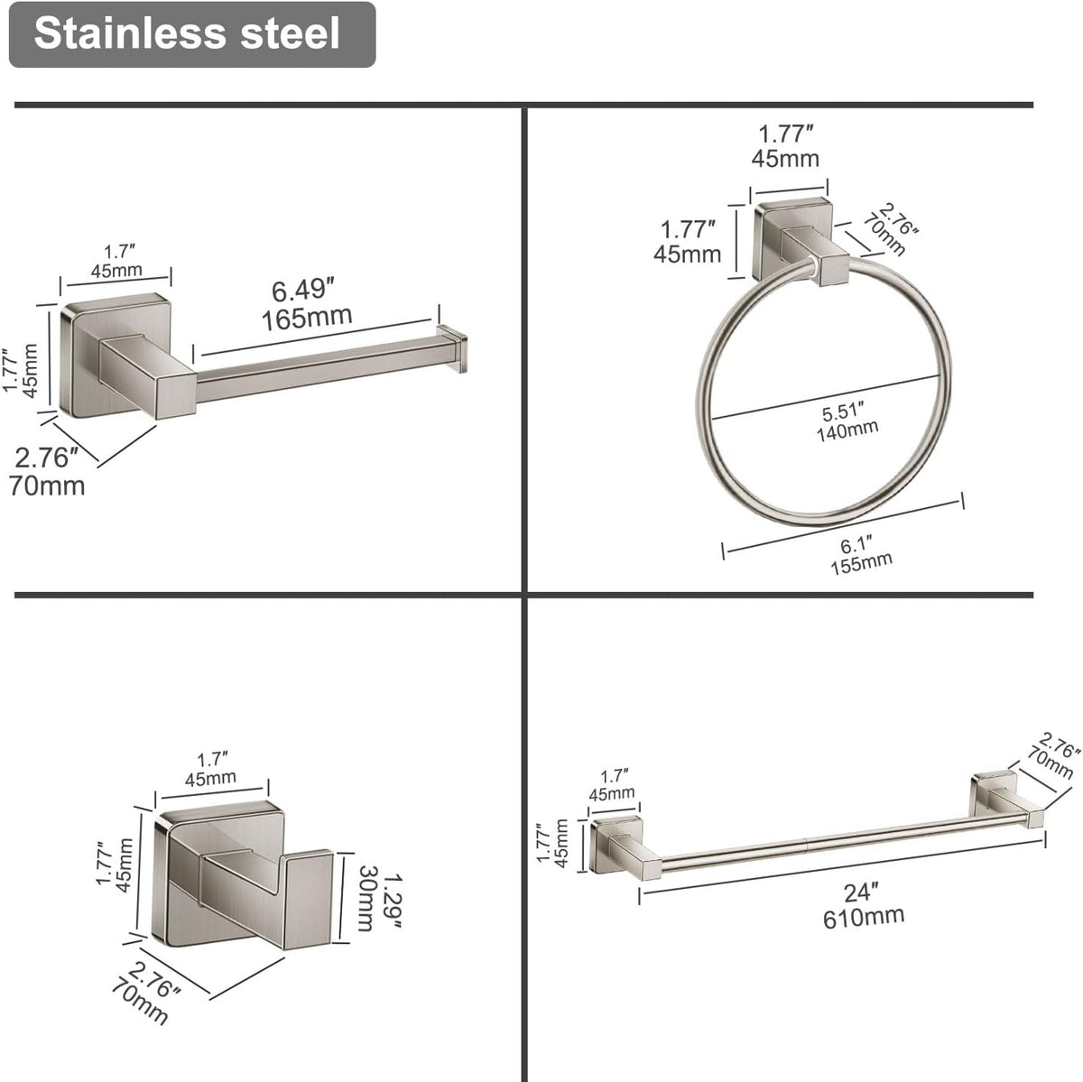 Bathroom Hardware Accessories Set 4 Pieces, Brushed Nickel Stainless Steel Towel Bar Set, Includes 24In Towel Bar, Towel Ring, Robe Towel Hooks,Toilet Paper Holder, Bathroom Towel Rack Set