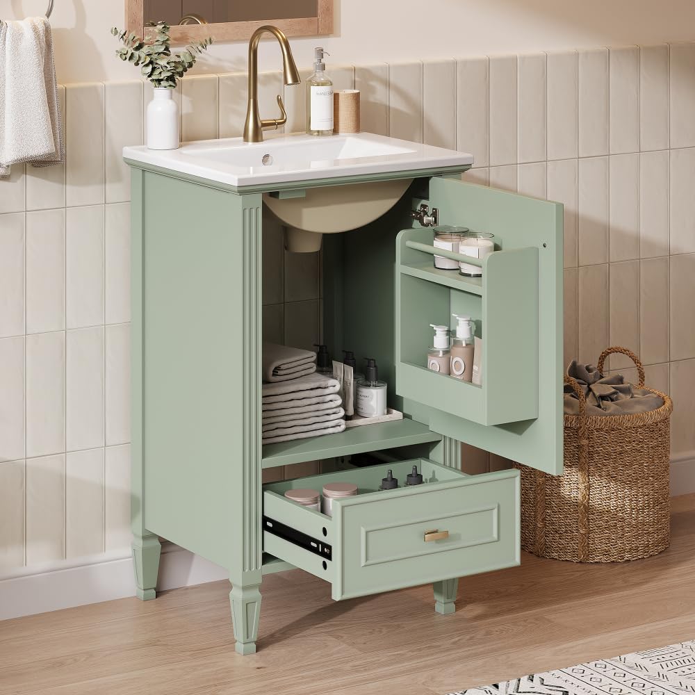Virubi 20 in Small Bathroom Vanity with Sink, Soft Closing Door,Tilt-Out Drawer and Adjustable Shelf,Solid Wood Frame Modern Single Bathroom Sink Cabinet with Storage, Freestanding, Natural Wood