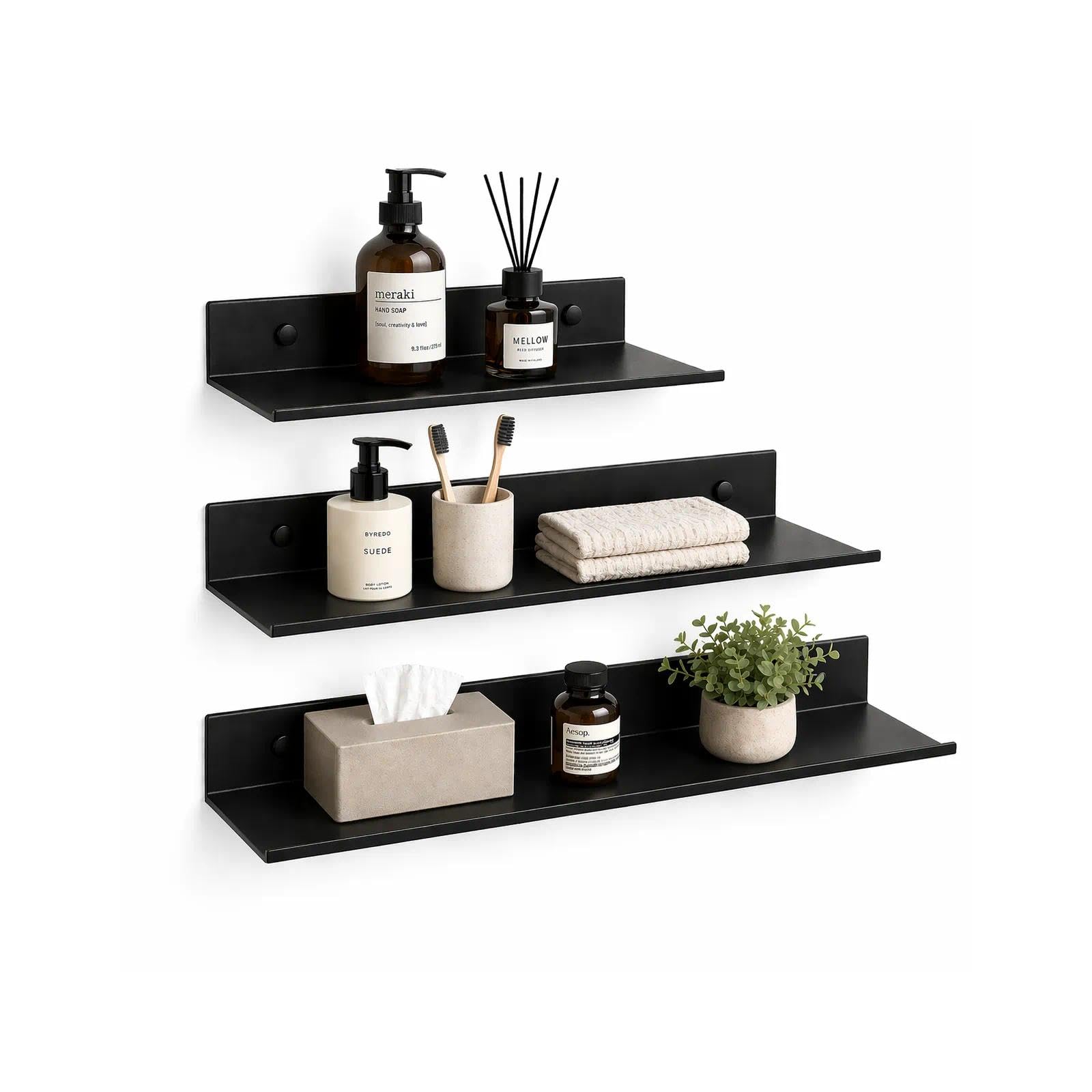 Z metnal Bathroom Shelf, Floating Shelves, Metal Display Wall Shelf, Aluminum, Wall Mounted, Matt Black,16 inch, 2 Pack
