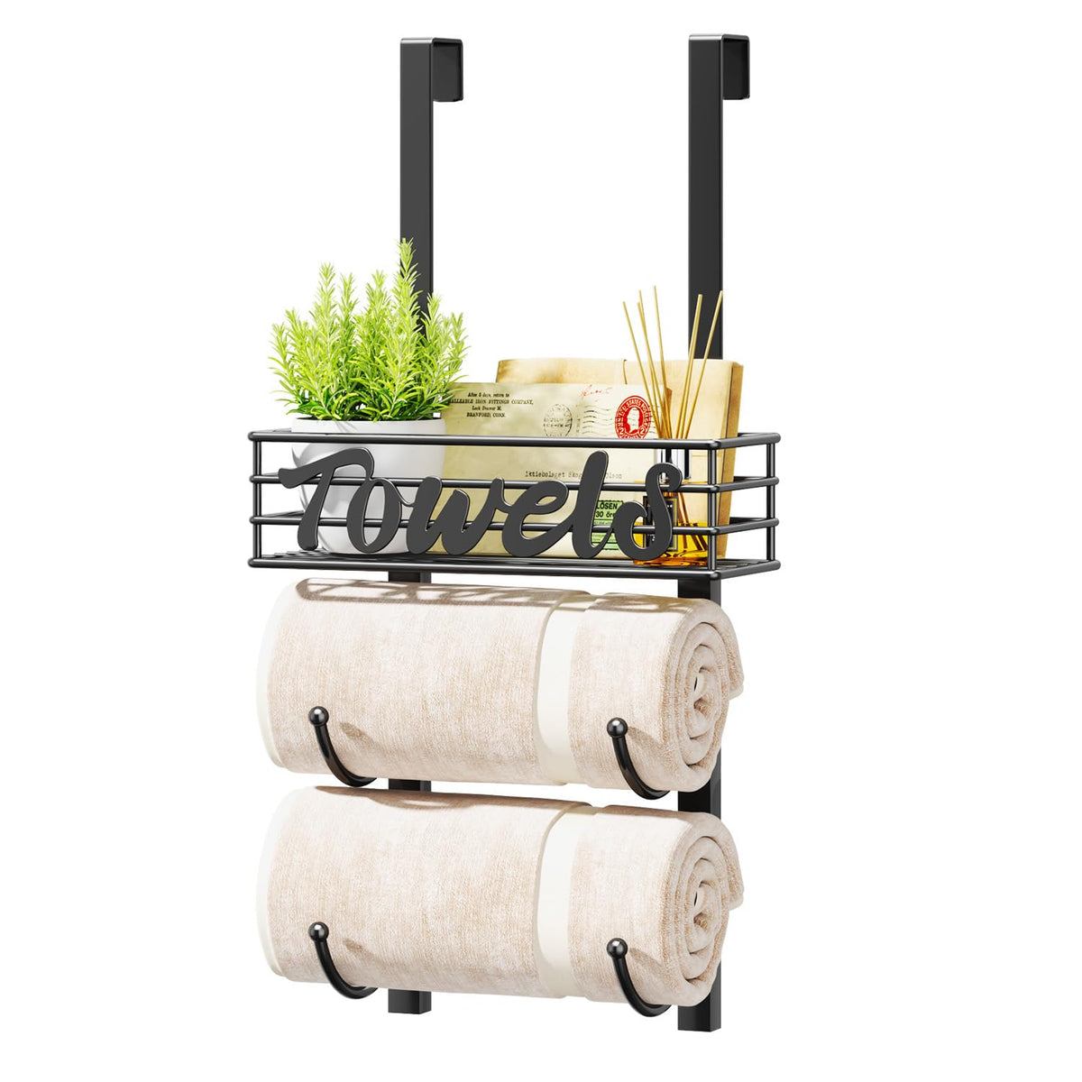 HapiRm Towel Racks for Bathroom Storage - 6 Tier Over The Door & Wall Mount Rolled Towel Storage Organizer Holder with Metal Shelf Basket for Small Bathroom, Camper, Rv - Black, Patented