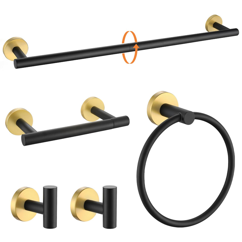TURS Brushed Gold 5 Piece Bathroom Hardware Set, SUS304 Stainless Steel 24 Inch Bath Towel Bar Set, Round Bathroom Accessories Kit Wall Mounted